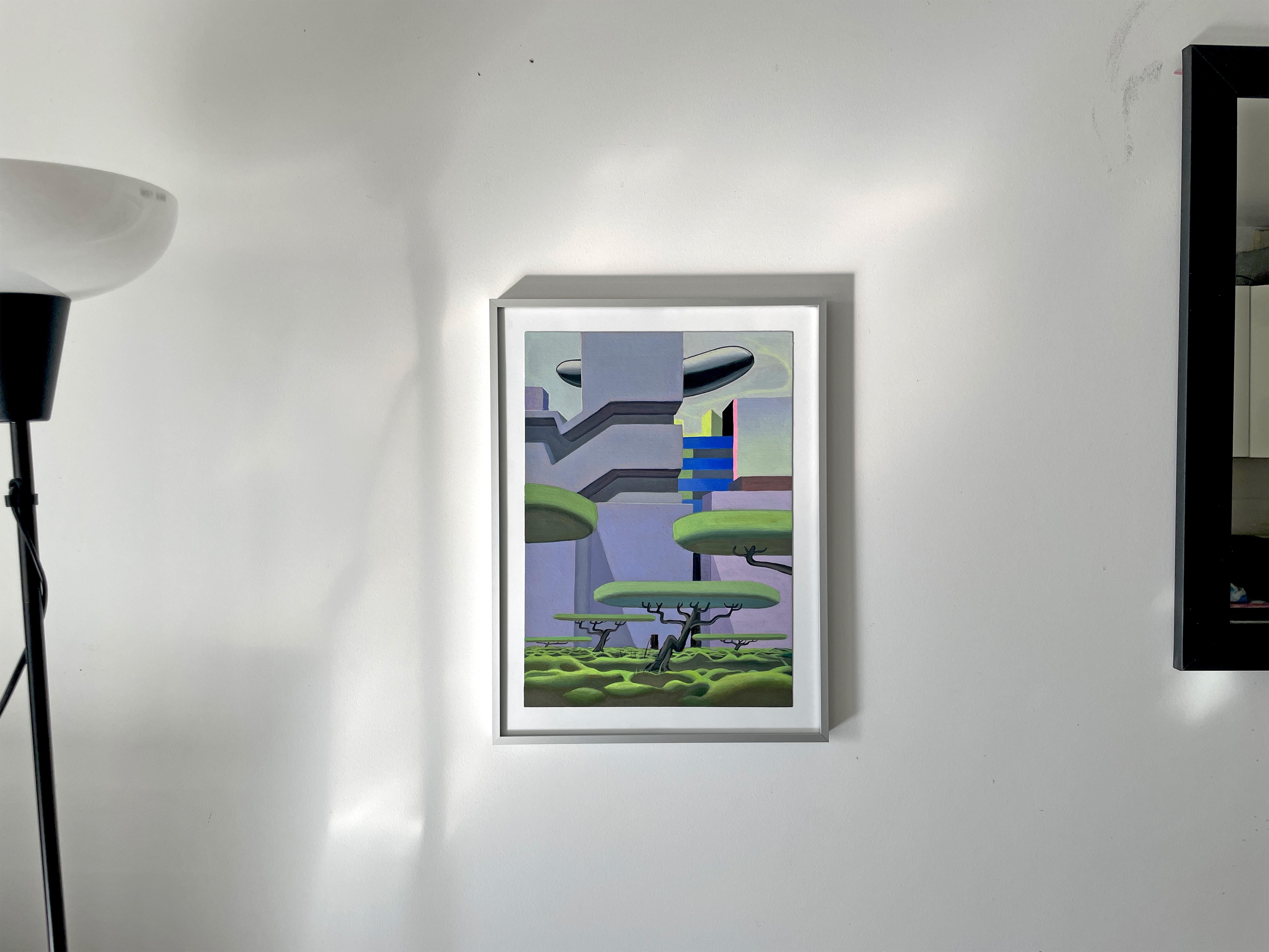 Framed Acrylic Painting on Paper with Surreal Urban Landscape and Floating Trees For Sale 5