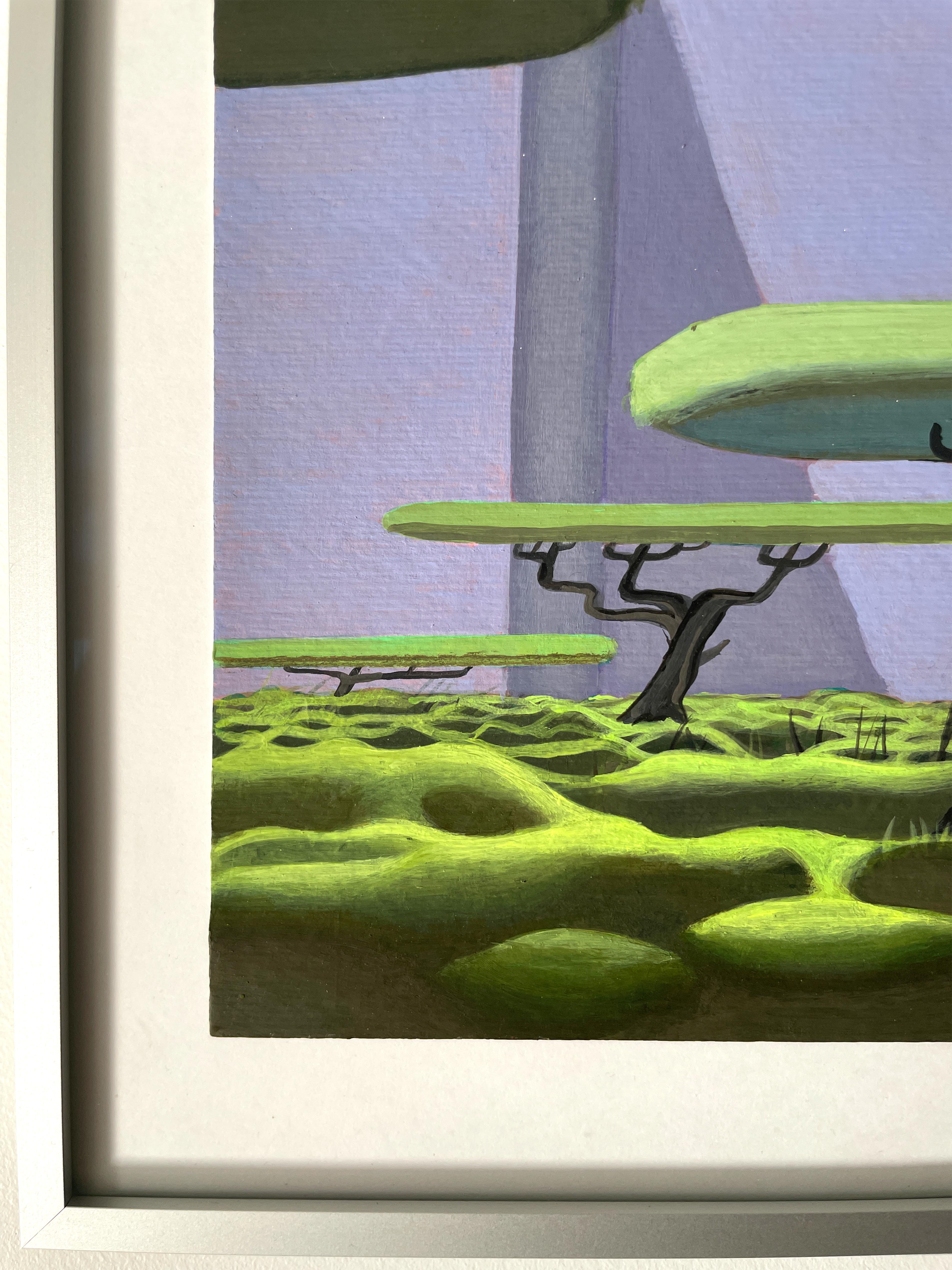 Framed Acrylic Painting on Paper with Surreal Urban Landscape and Floating Trees For Sale 6