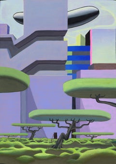 Framed Acrylic Painting on Paper with Surreal Urban Landscape and Floating Trees