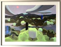 Naturaleza Fluorescente Pintura Acrílica sobre Papel con Paisaje Surrealista. Enmarcado