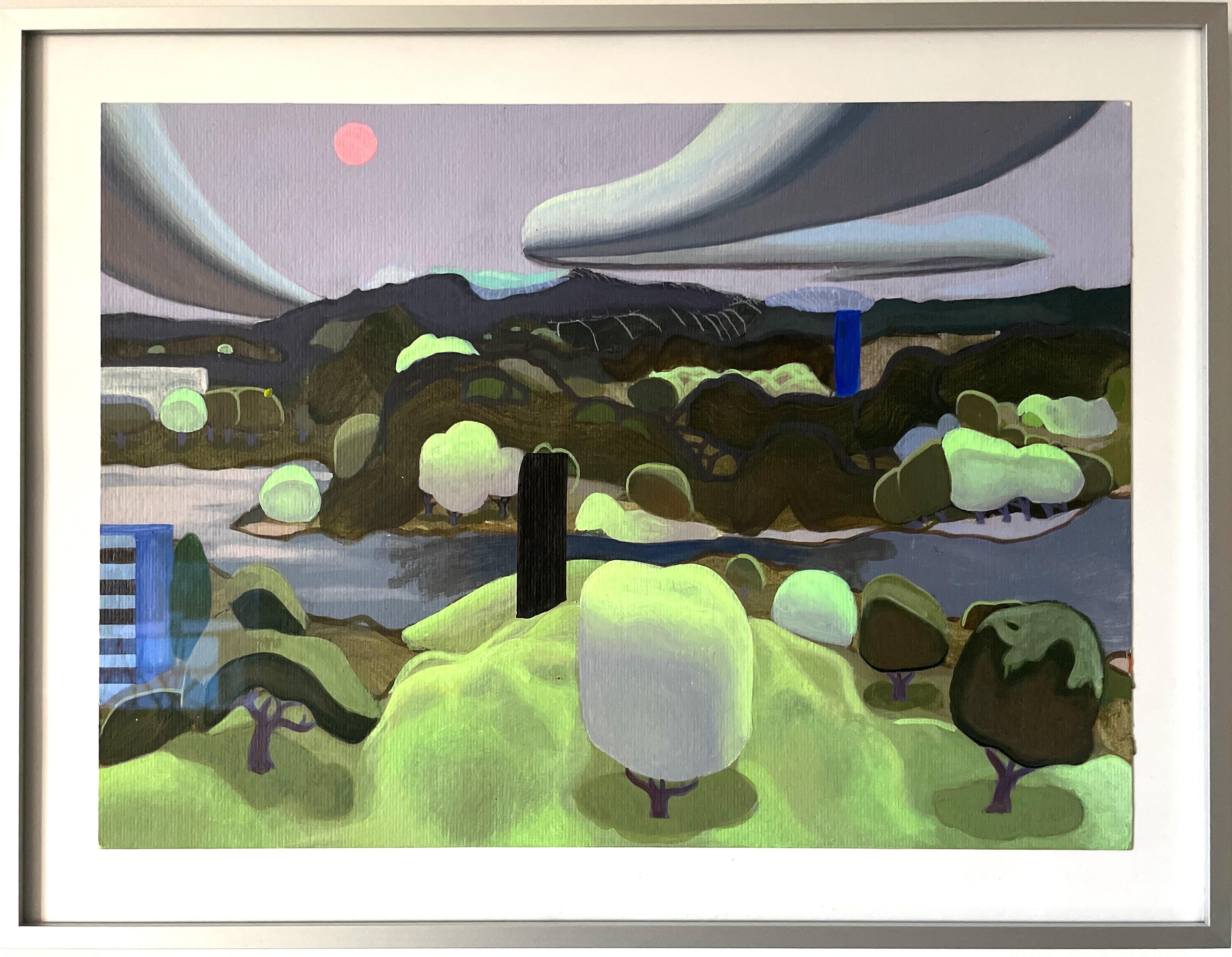 Naturaleza Fluorescente Pintura Acrílica sobre Papel con Paisaje Surrealista. Enmarcado