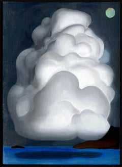 Pequeño cuadro al óleo sobre papel con un paisaje simbólico de nubes, enmarcado con cristal de museo