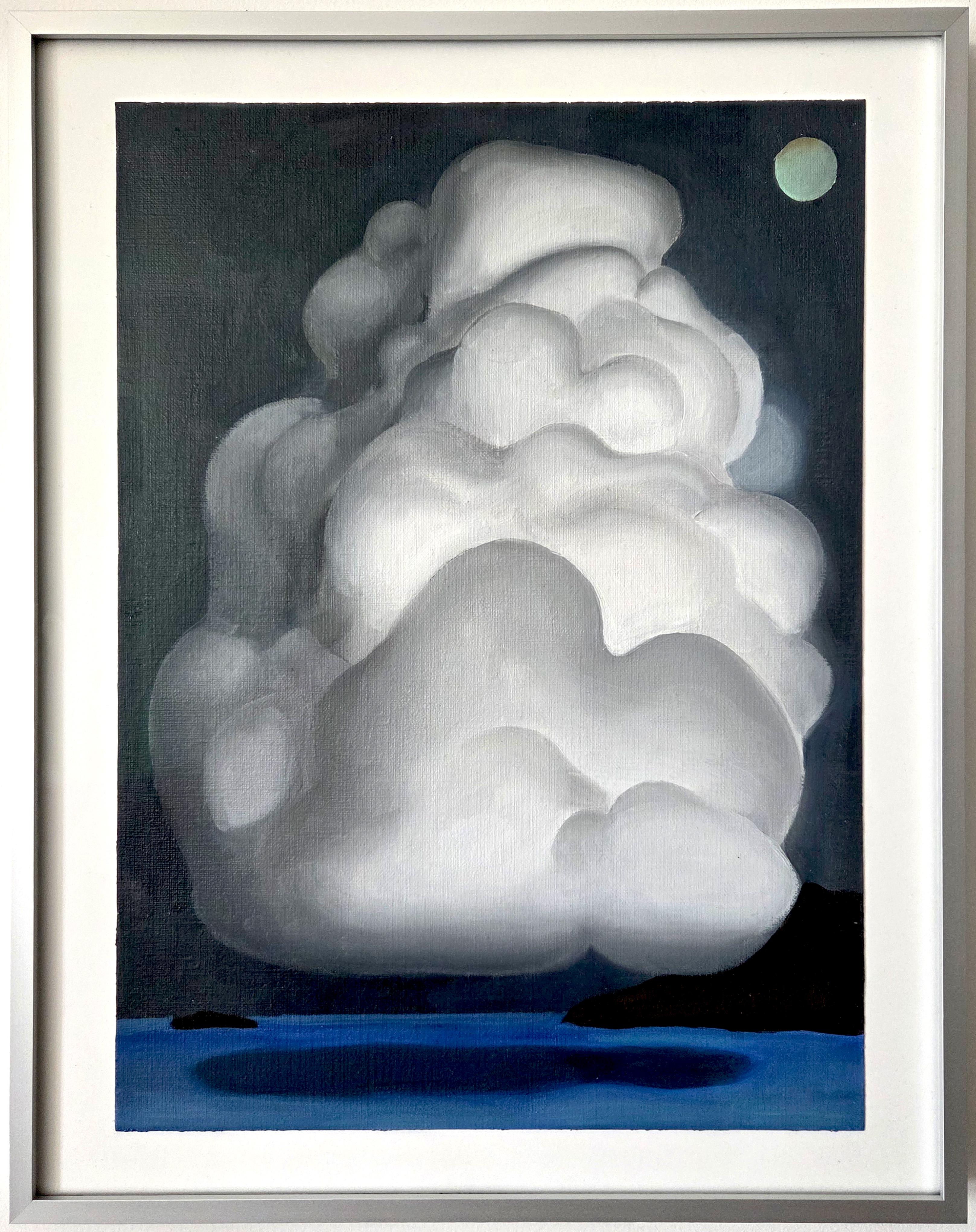 Pequeño cuadro al óleo sobre papel con un paisaje simbólico de nubes, enmarcado con cristal de museo