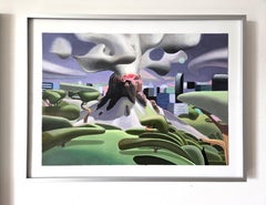 Unterirdische Kräfte Acryl Surreale Malerei auf Papier mit vulkanischer Landschaft