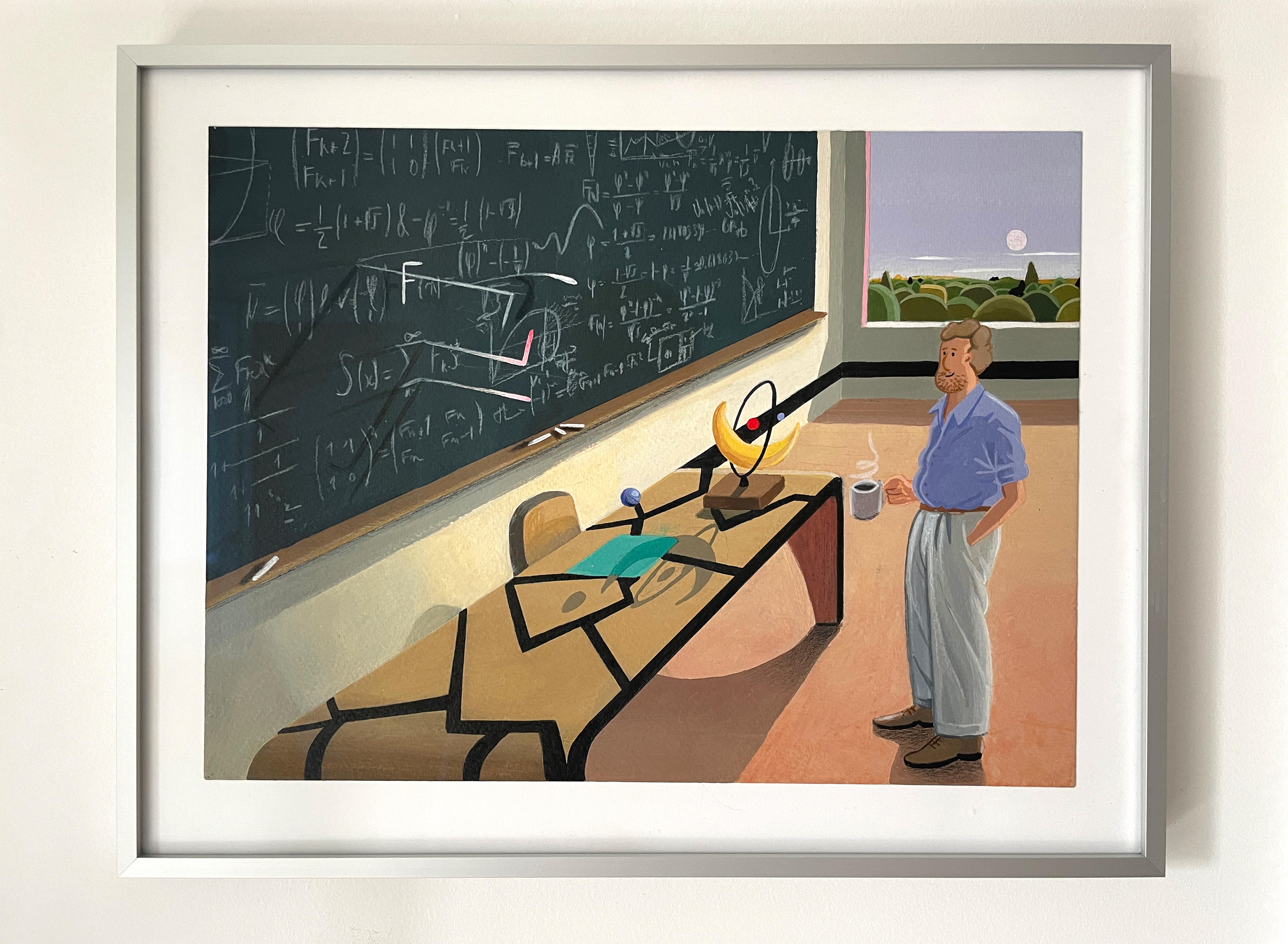 Surreal Classroom Scene Acrylic Painting on Paper with Scientist Blackboard - Brown Abstract Painting by Nico Pearleyes