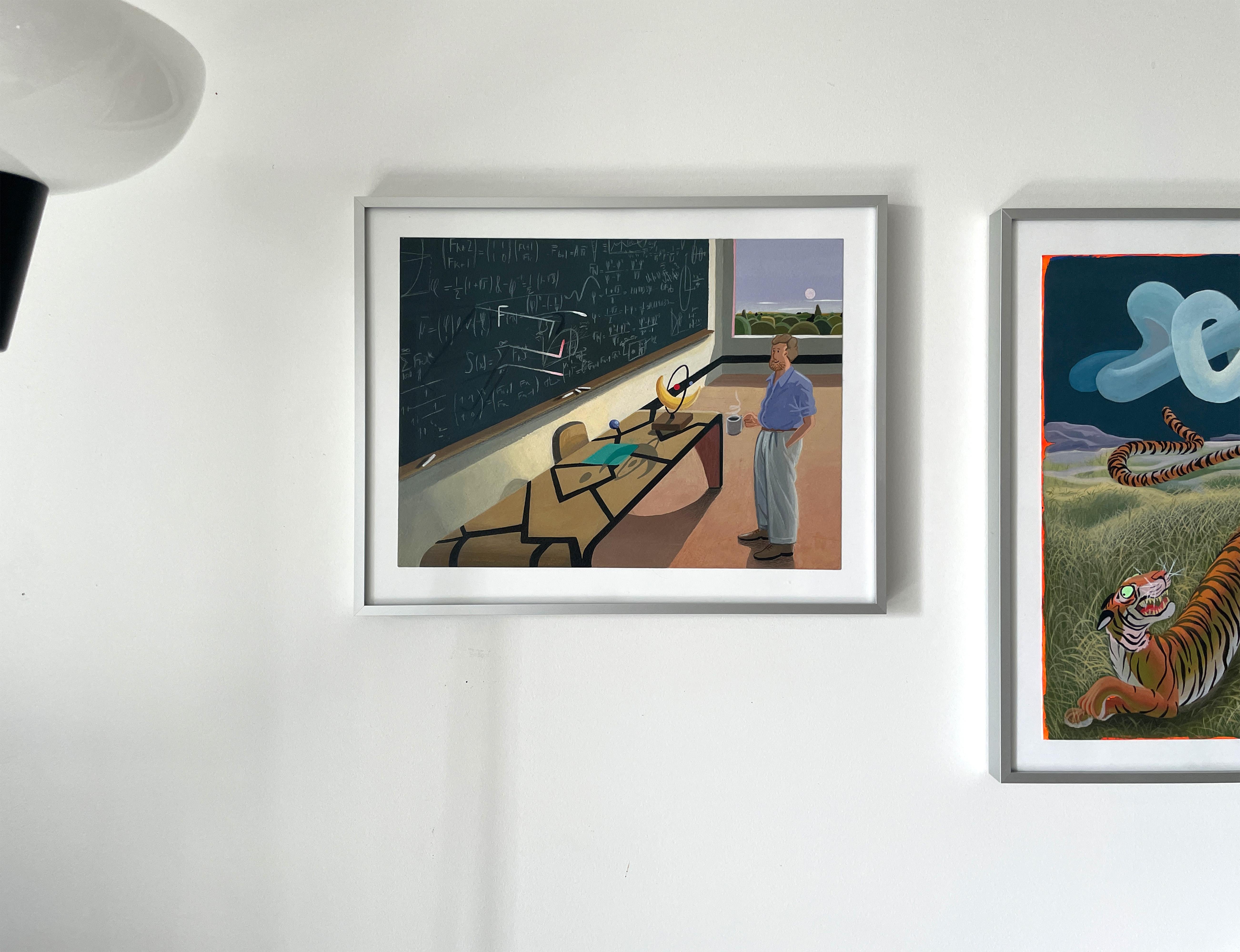 Surreal Classroom Scene Acrylic Painting on Paper with Scientist Blackboard For Sale 1