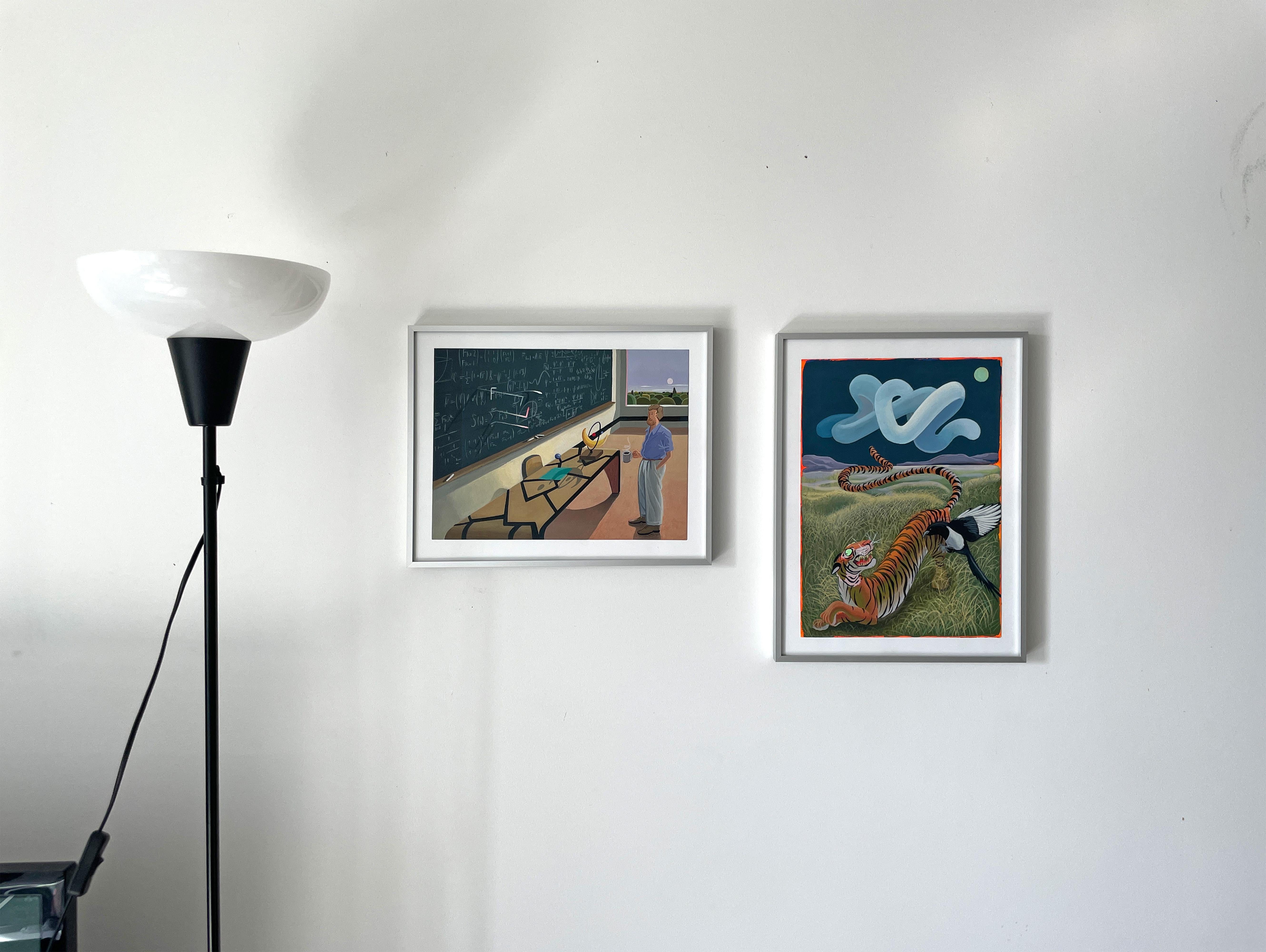 Surreal Classroom Scene Acrylic Painting on Paper with Scientist Blackboard For Sale 2