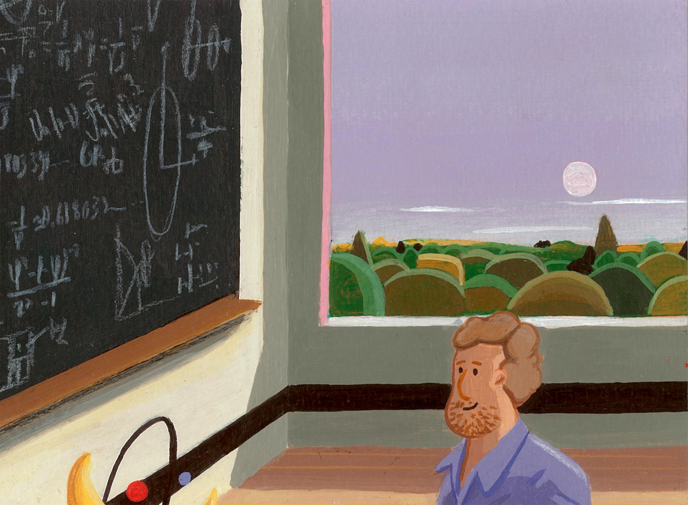 Surreal Classroom Scene Acrylic Painting on Paper with Scientist Blackboard For Sale 5