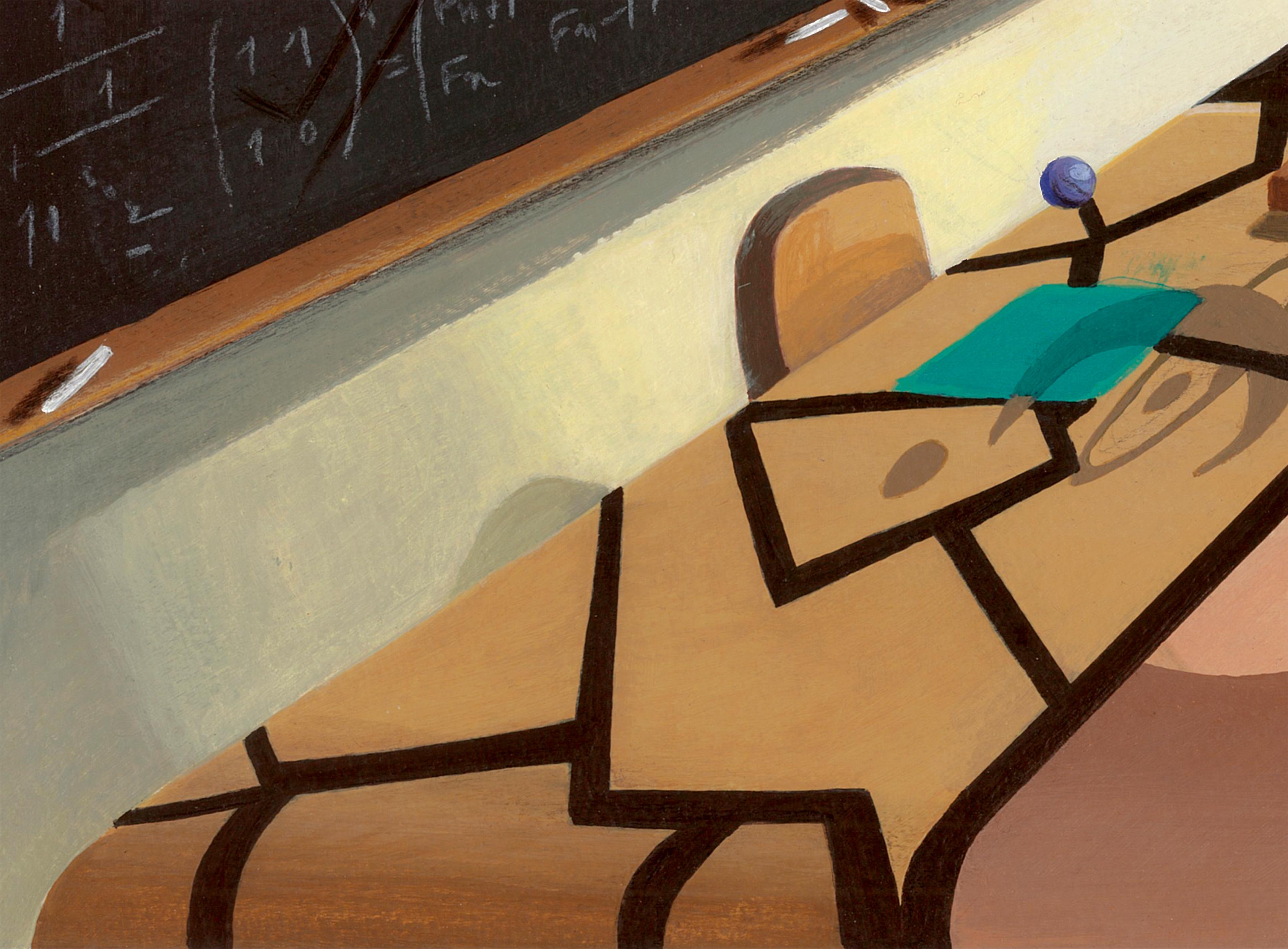 Surreal Classroom Scene Acrylic Painting on Paper with Scientist Blackboard For Sale 6