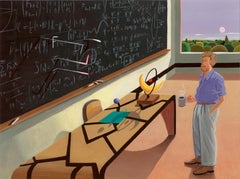 Surreal Classroom Scene Acrylic Painting on Paper with Scientist Blackboard