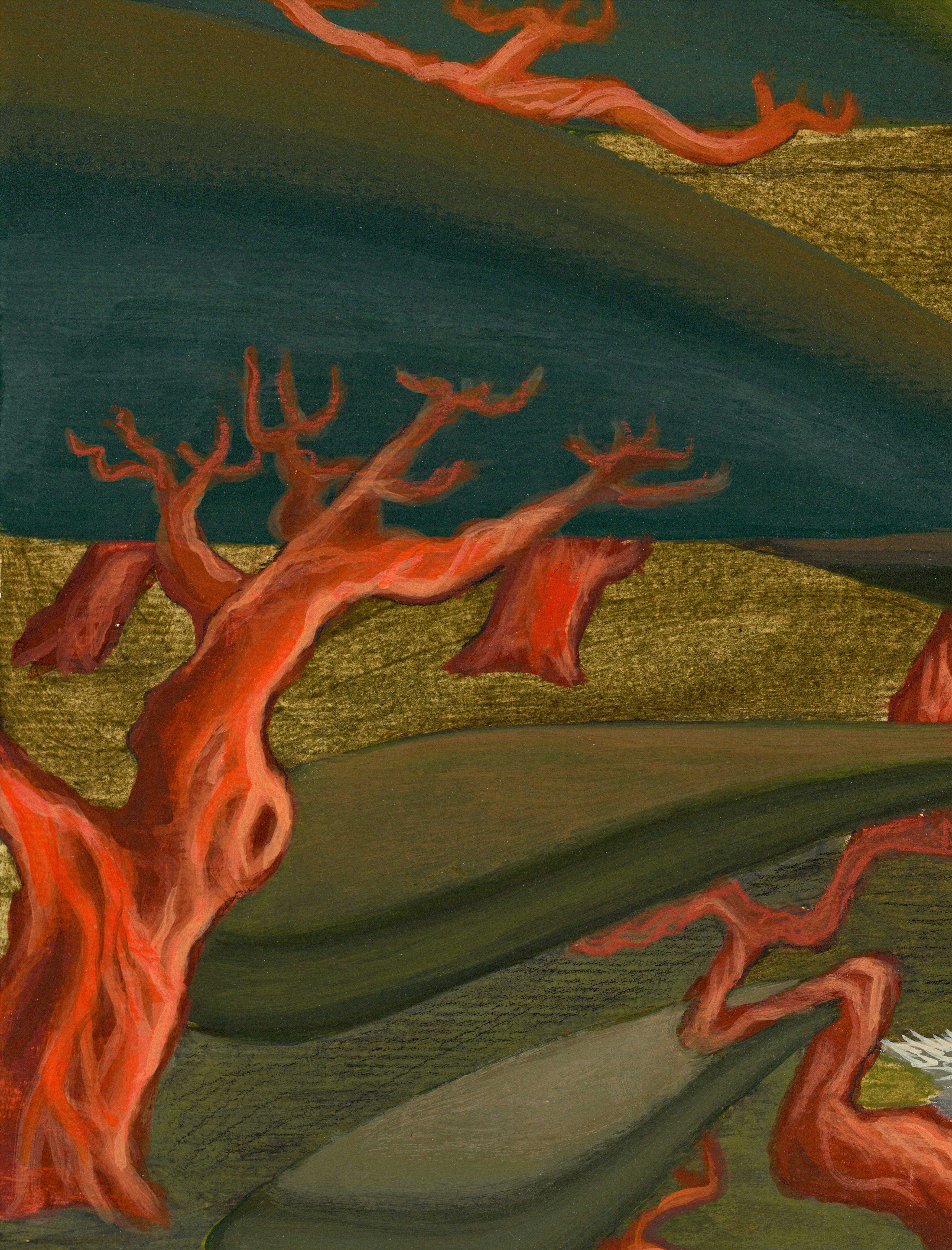 Das Rotkäppchen Acrylgemälde auf Papier mit Wolf und roten Bäumen im Angebot 5