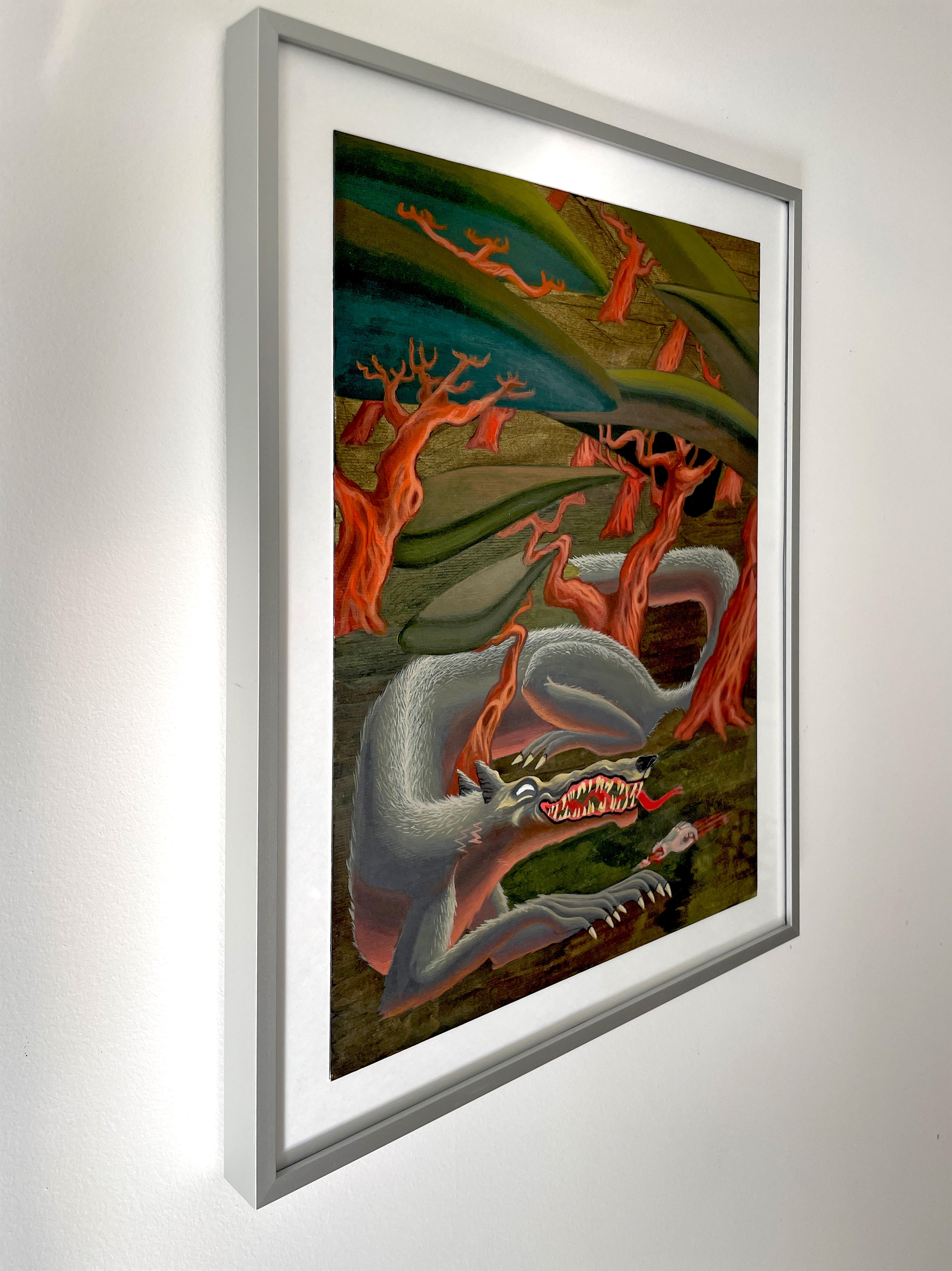 Das Rotkäppchen Acrylgemälde auf Papier mit Wolf und roten Bäumen – Painting von Nico Pearleyes