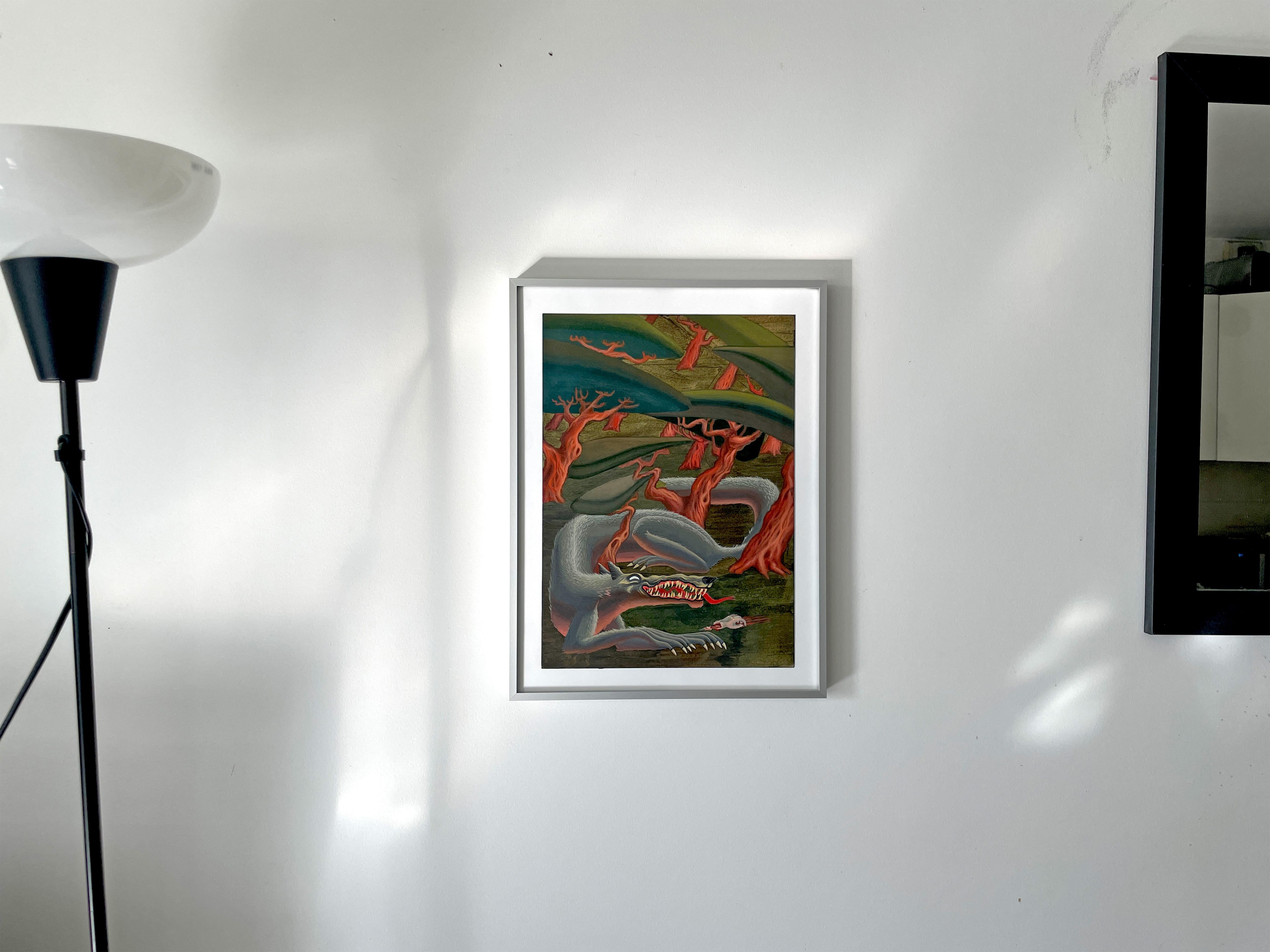 Das Rotkäppchen Acrylgemälde auf Papier mit Wolf und roten Bäumen (Abstrakt), Painting, von Nico Pearleyes