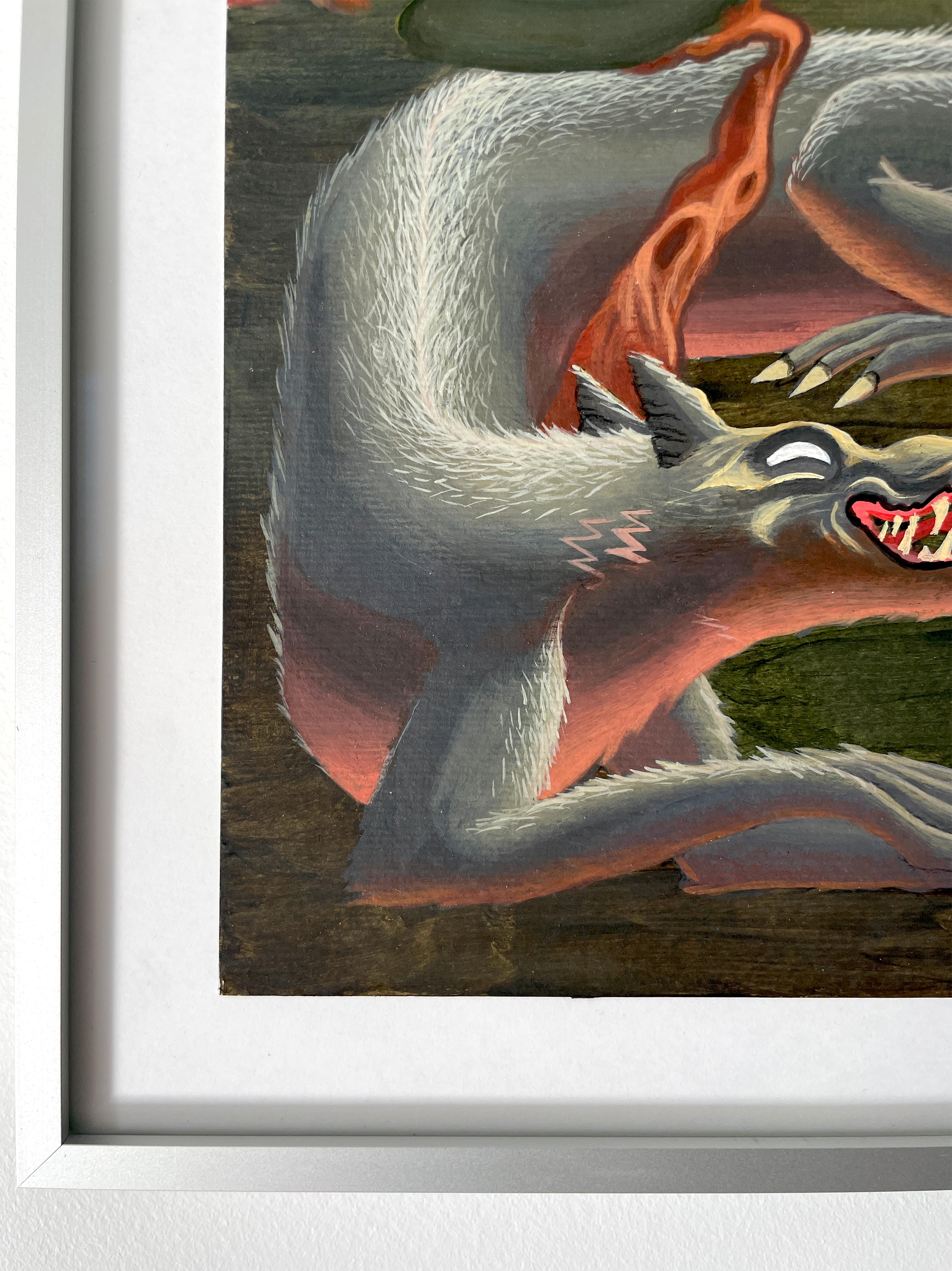 Das Rotkäppchen Acrylgemälde auf Papier mit Wolf und roten Bäumen im Angebot 1