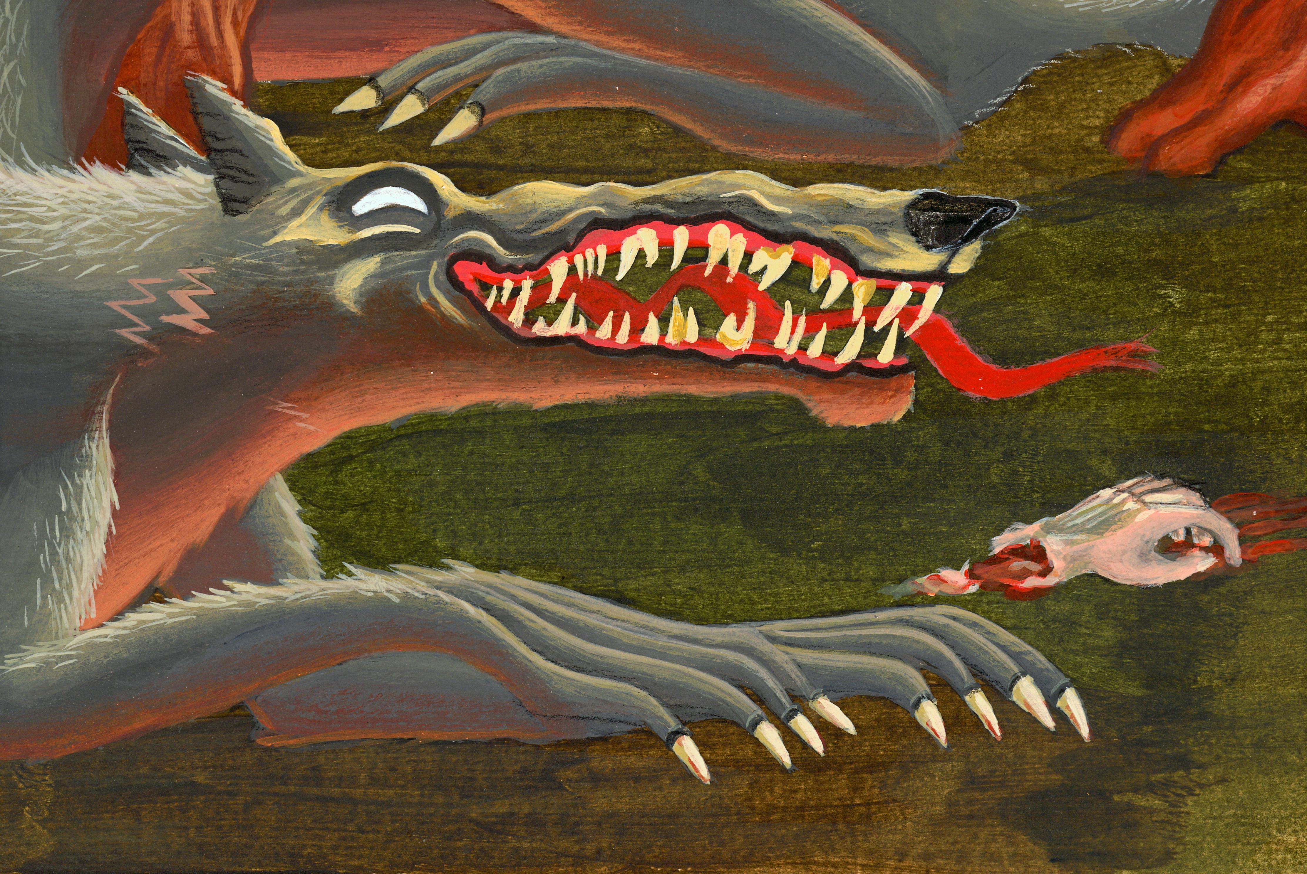 Das Rotkäppchen Acrylgemälde auf Papier mit Wolf und roten Bäumen im Angebot 2