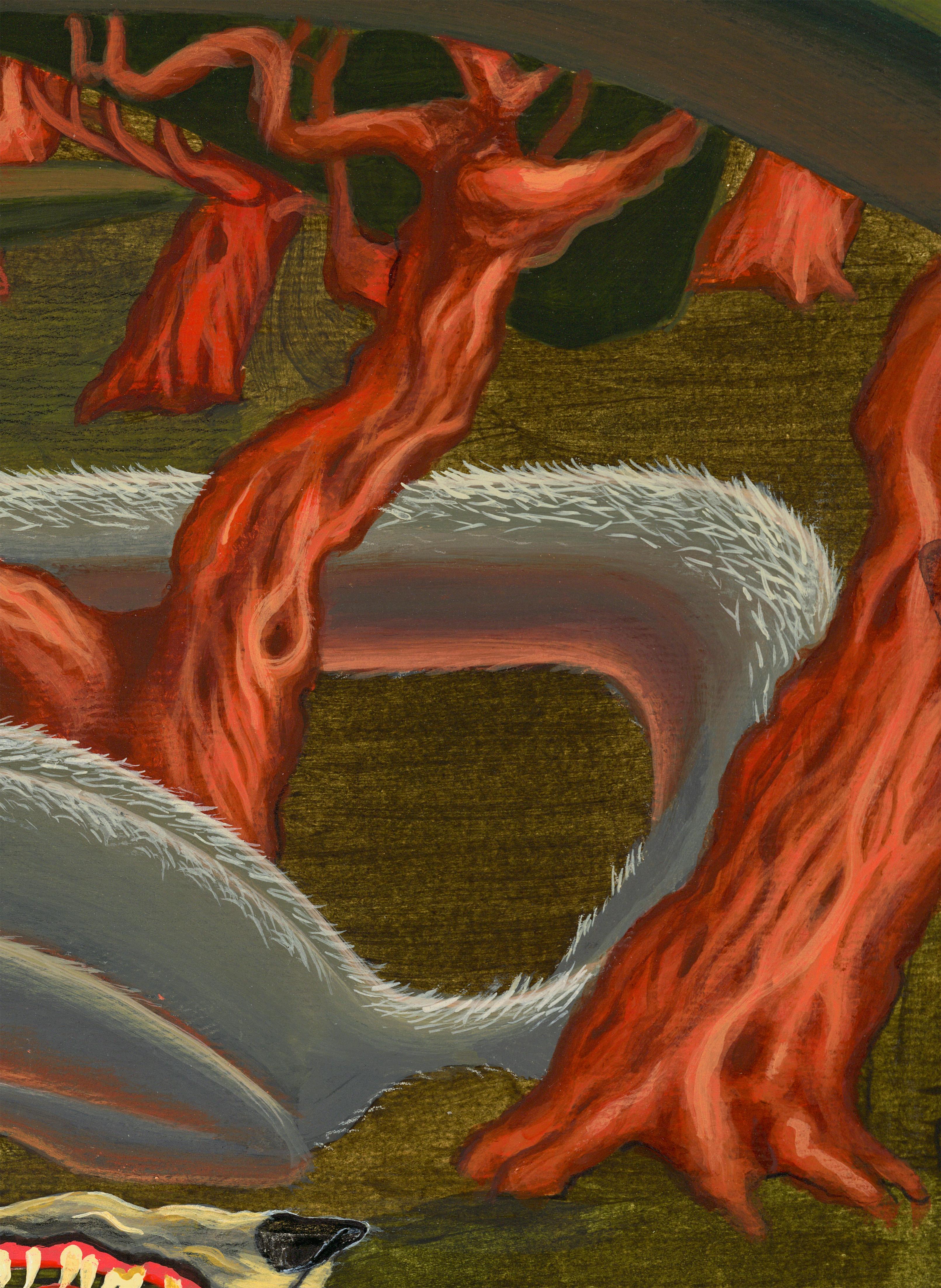 Das Rotkäppchen Acrylgemälde auf Papier mit Wolf und roten Bäumen im Angebot 3