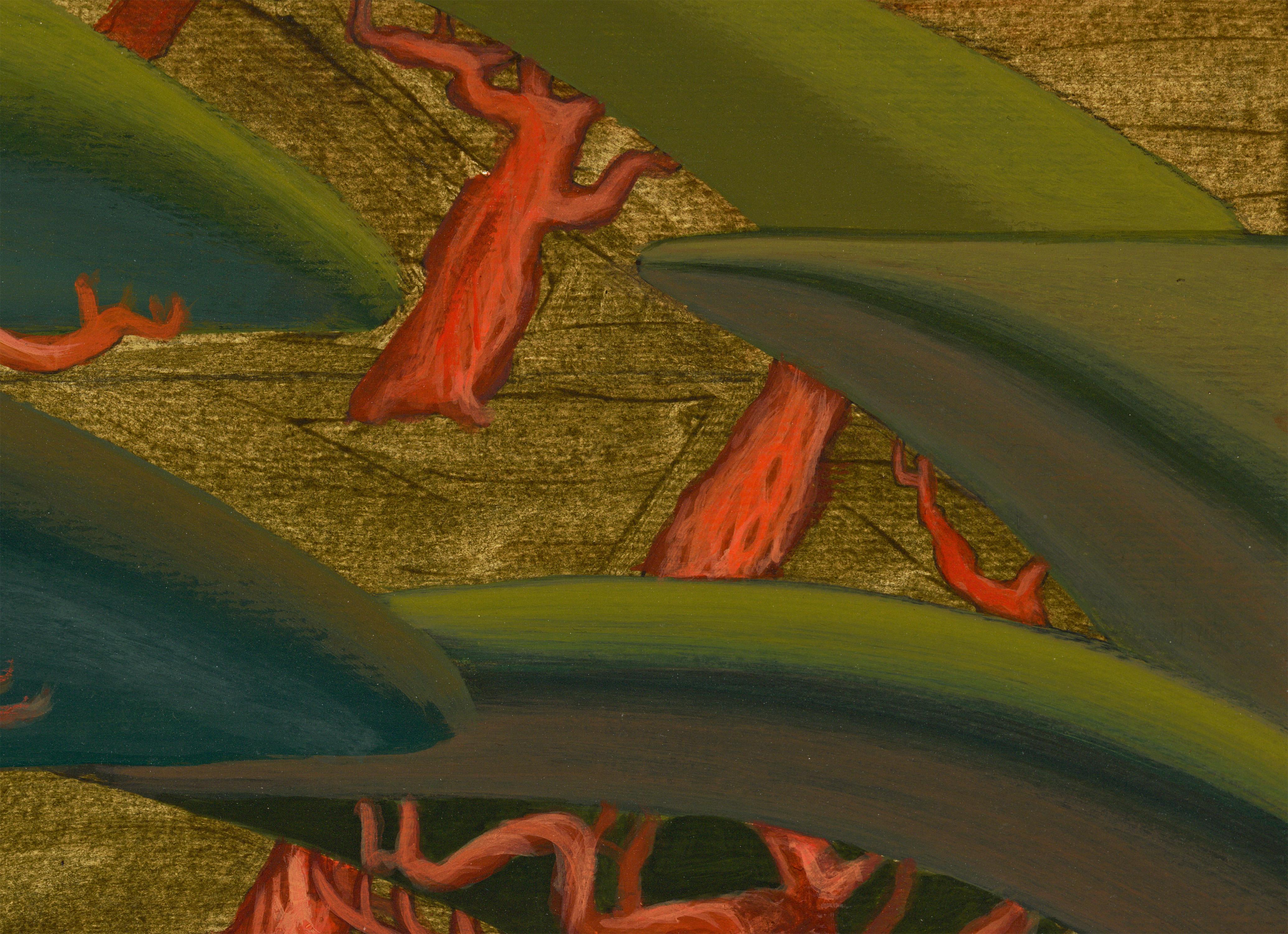 Das Rotkäppchen Acrylgemälde auf Papier mit Wolf und roten Bäumen im Angebot 4