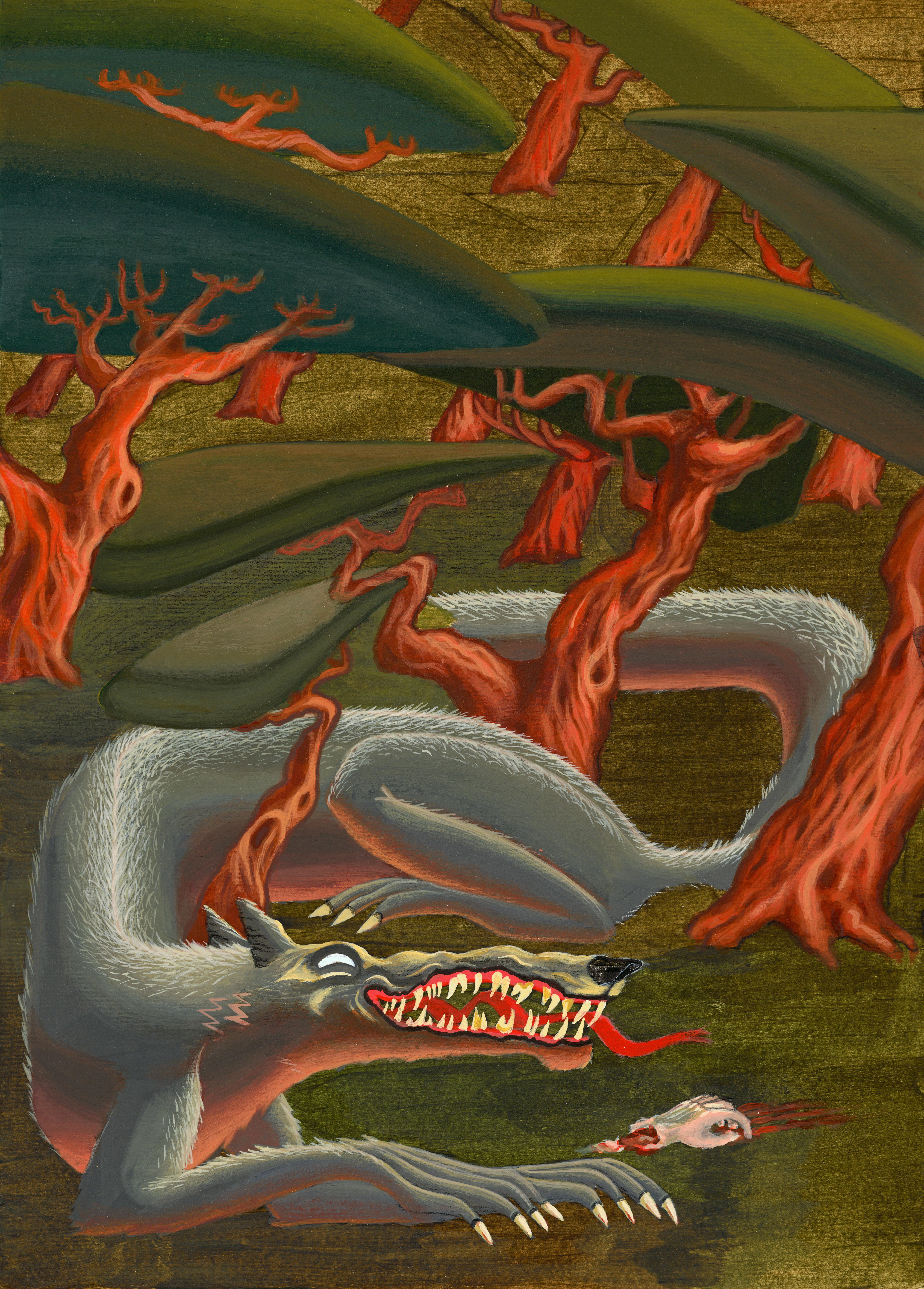 Nico Pearleyes Animal Painting – Das Rotkäppchen Acrylgemälde auf Papier mit Wolf und roten Bäumen