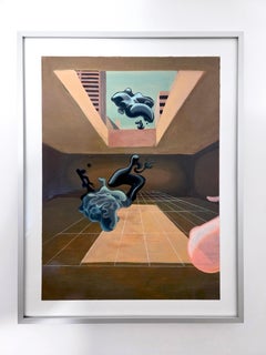 Unbekannte Formen – Traumhafte, surreale Innenraumszene – Gemälde, Acryl auf Papier