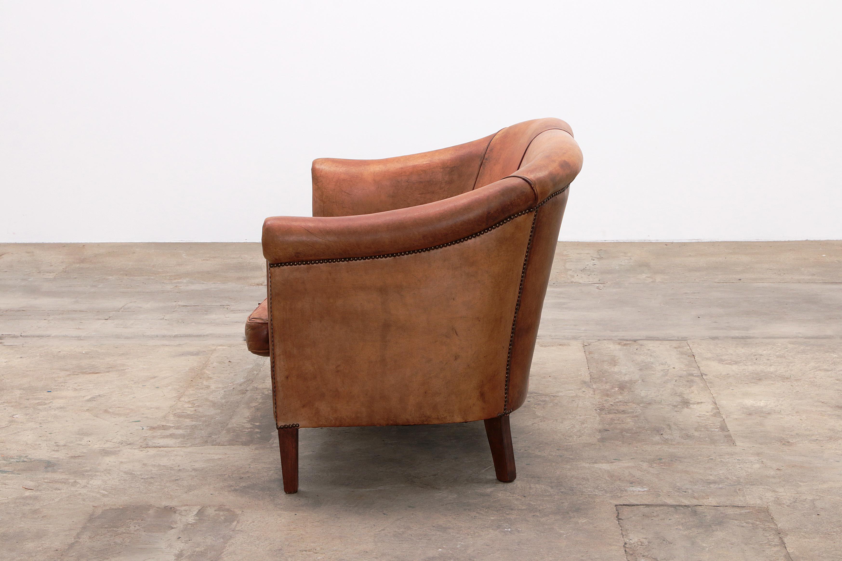Mid-Century Modern 20th Century Dutch Two Seater Tan Sheepskin Leather Sofa Nico Van Oorschot