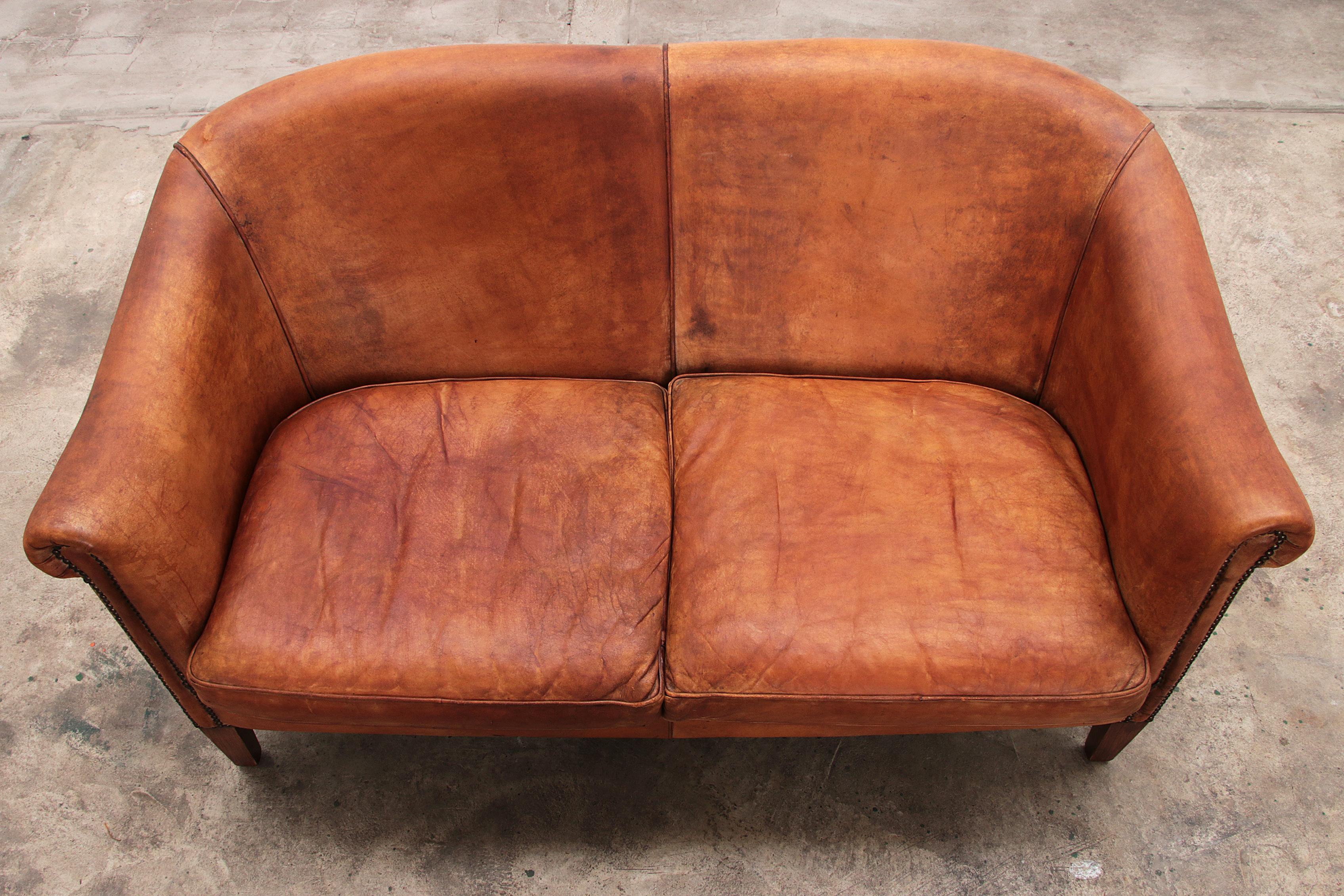 20th Century Dutch Two Seater Tan Sheepskin Leather Sofa Nico Van Oorschot 1