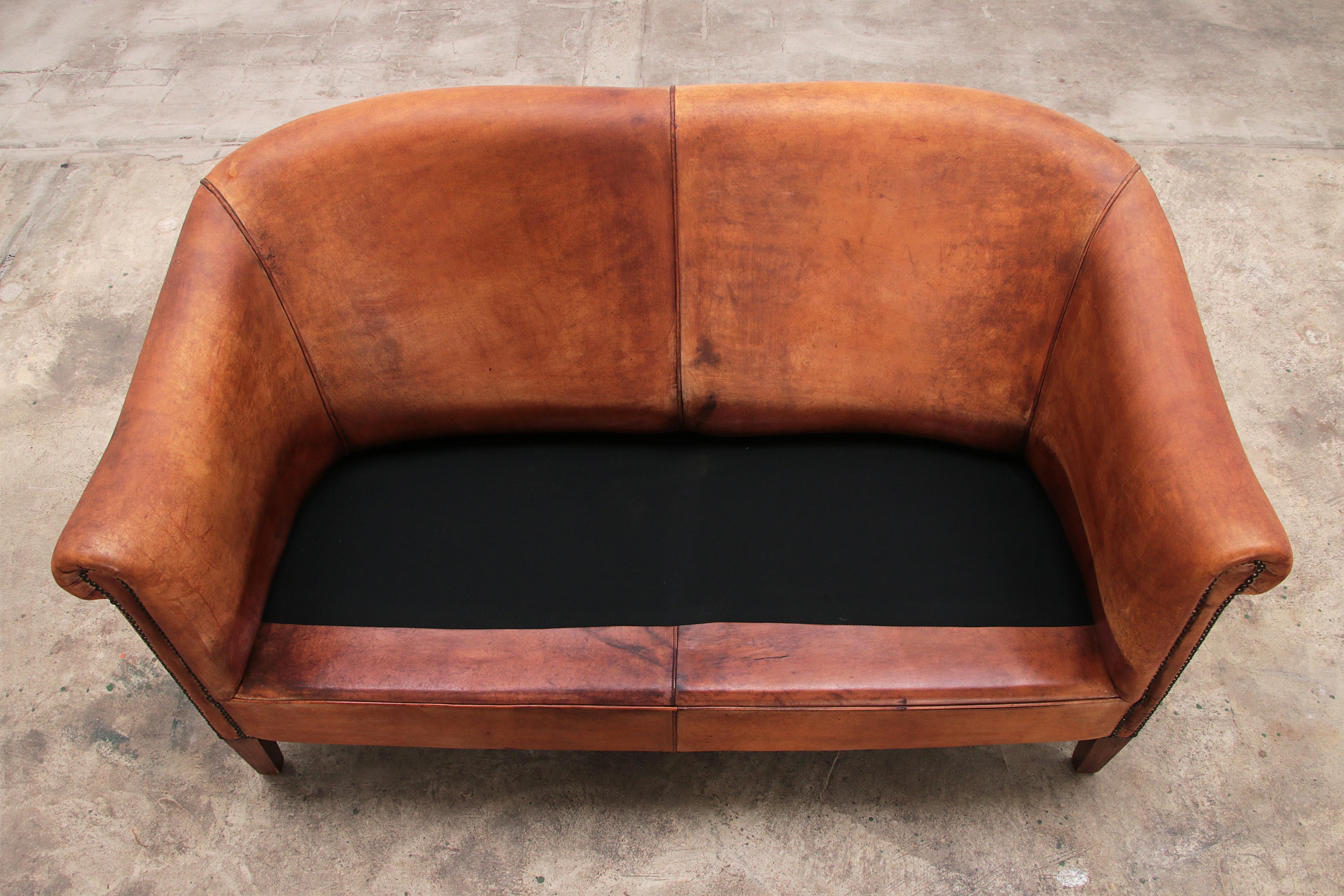 20th Century Dutch Two Seater Tan Sheepskin Leather Sofa Nico Van Oorschot 2