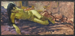 Nude Lady Lying On The Bed - Nico Vrielink - Mixed Media On Paper - 1994 - Dutch