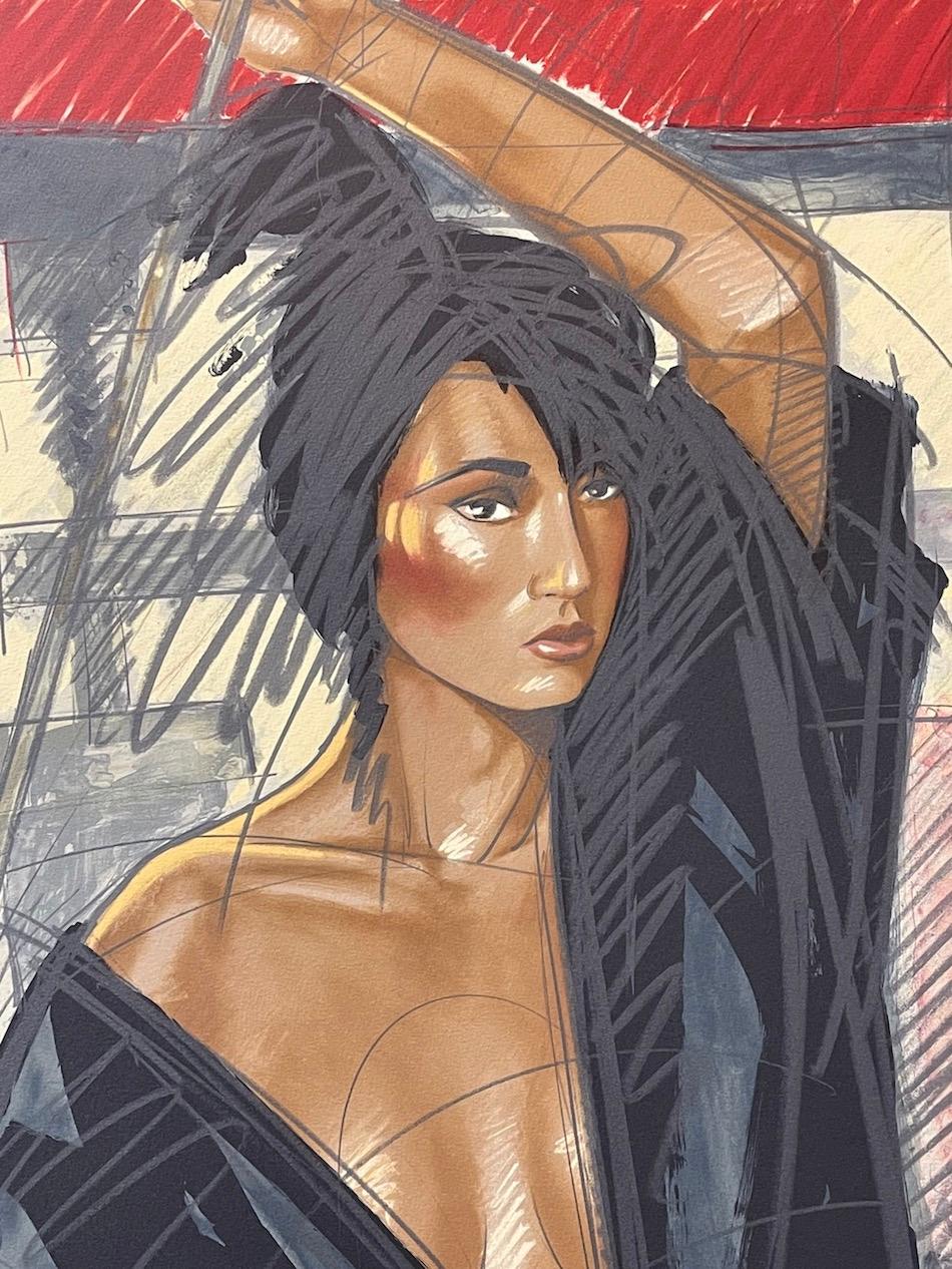 TEMPLO JAPONÉS Litografía firmada, Retrato femenino de artes marciales Karate Gi negro - Figurative Print Marrón de Nico Vrielink