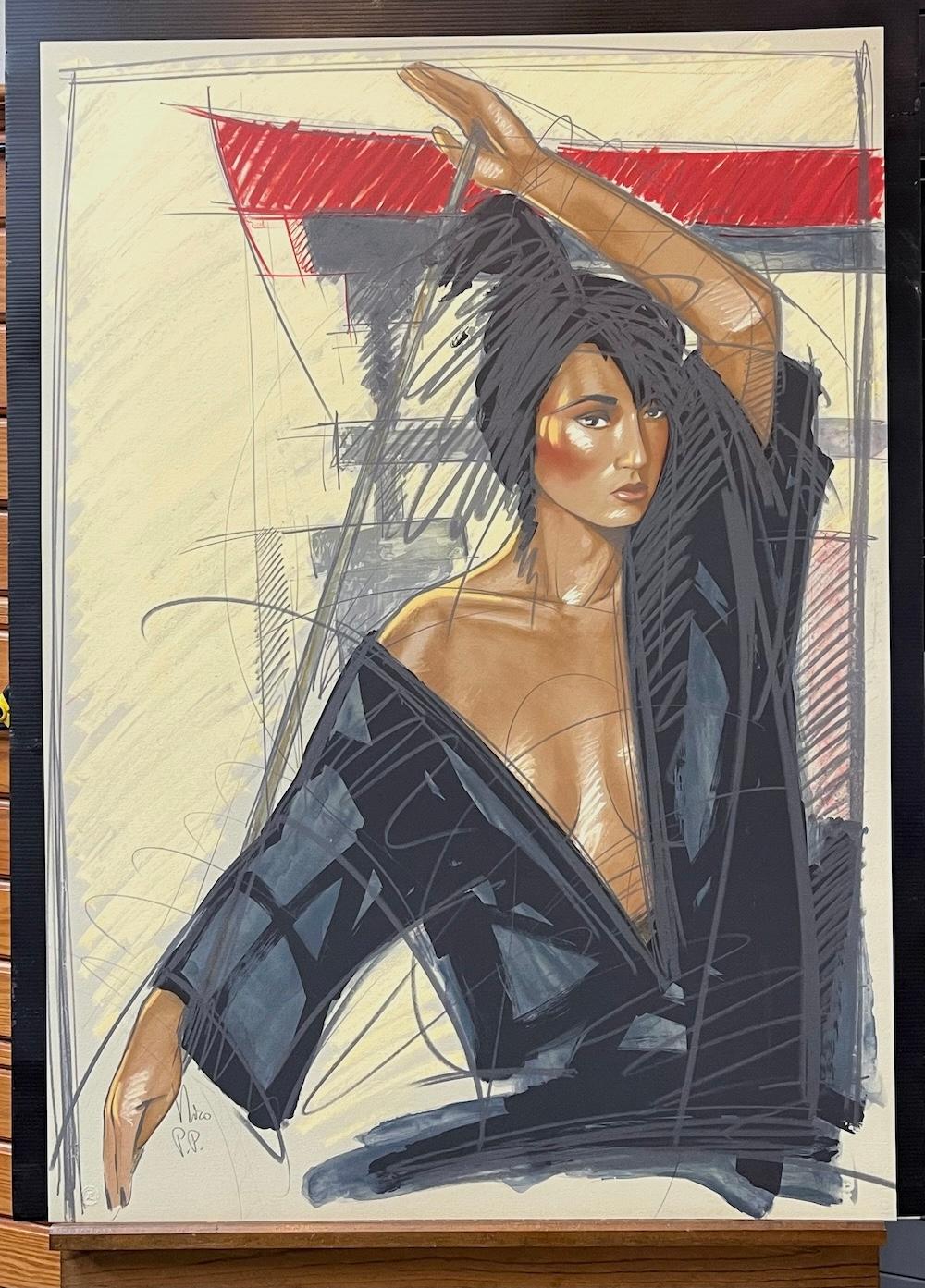 TEMPLO JAPONÉS Litografía firmada, Retrato femenino de artes marciales Karate Gi negro - Print Contemporáneo de Nico Vrielink