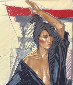 JAPANESE TEMPLE Signed Lithograph, Female Martial Arts Portrait Black Karate Gi