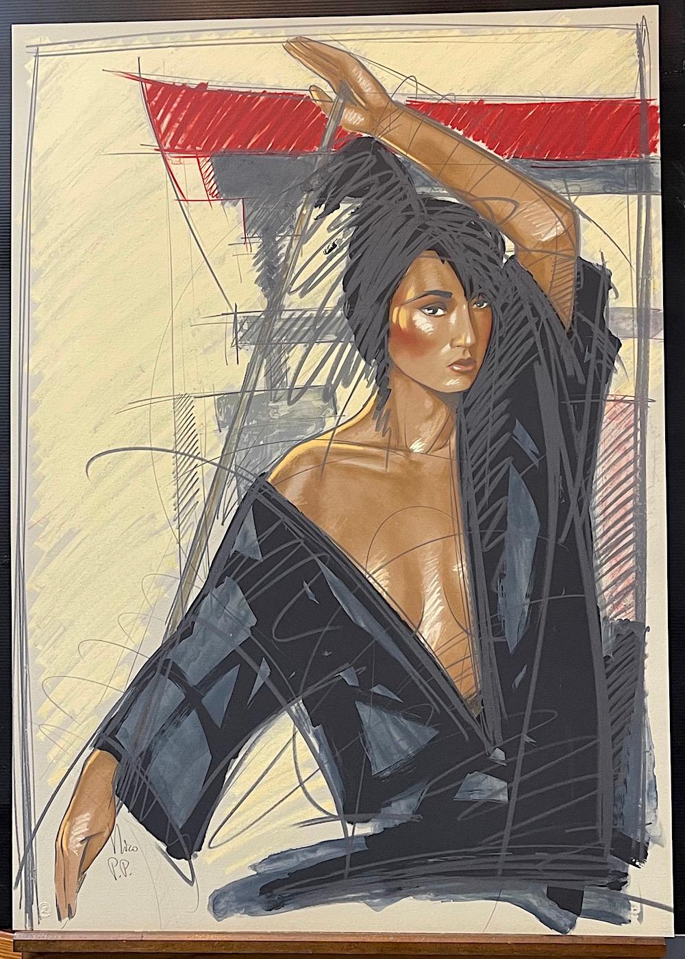 TEMPLO JAPONÉS Litografía firmada, Retrato femenino de artes marciales Karate Gi negro en venta 3