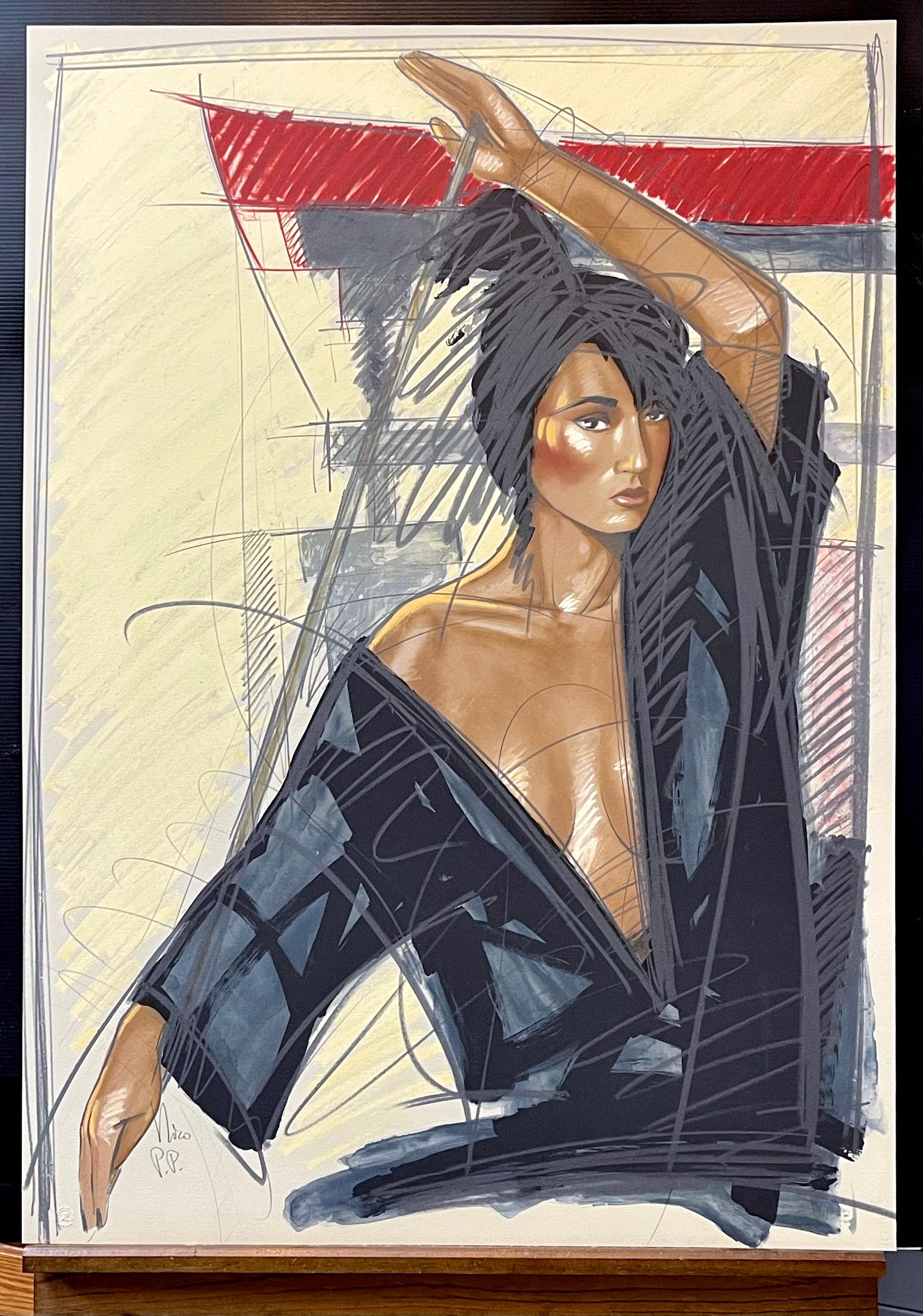 JAPANESE TEMPLE Signed Lithograph, Female Martial Arts Portrait Black Karate Gi For Sale 3