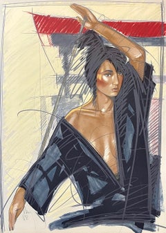 TEMPLO JAPONÉS Litografía firmada, Retrato femenino de artes marciales Karate Gi negro