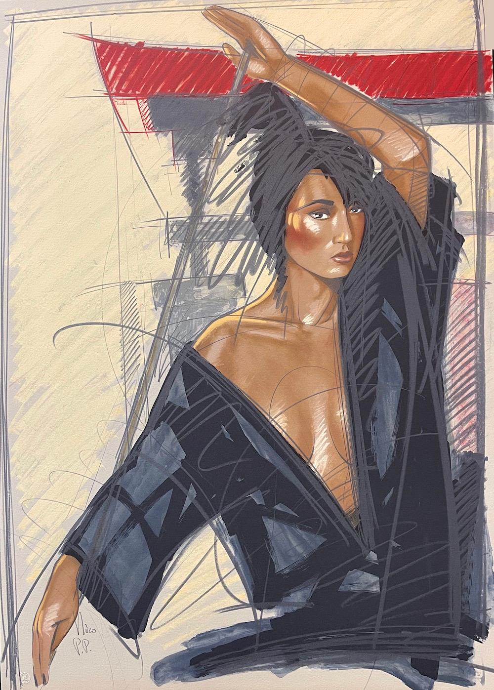 TEMPLO JAPONÉS Litografía firmada, Retrato femenino de artes marciales Karate Gi negro - Print de Nico Vrielink