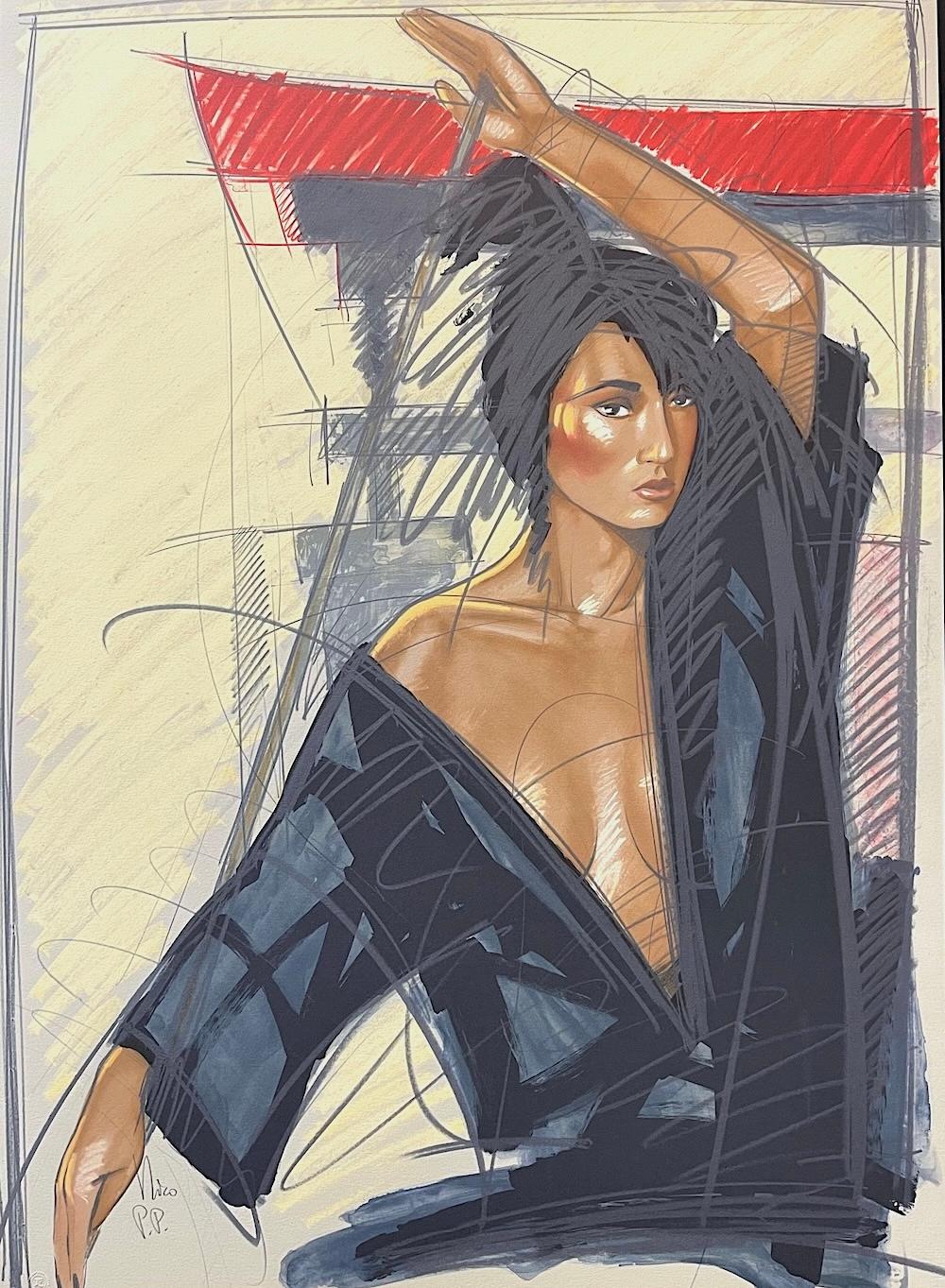 Figurative Print de Nico Vrielink - TEMPLO JAPONÉS Litografía firmada, Retrato femenino de artes marciales Karate Gi negro