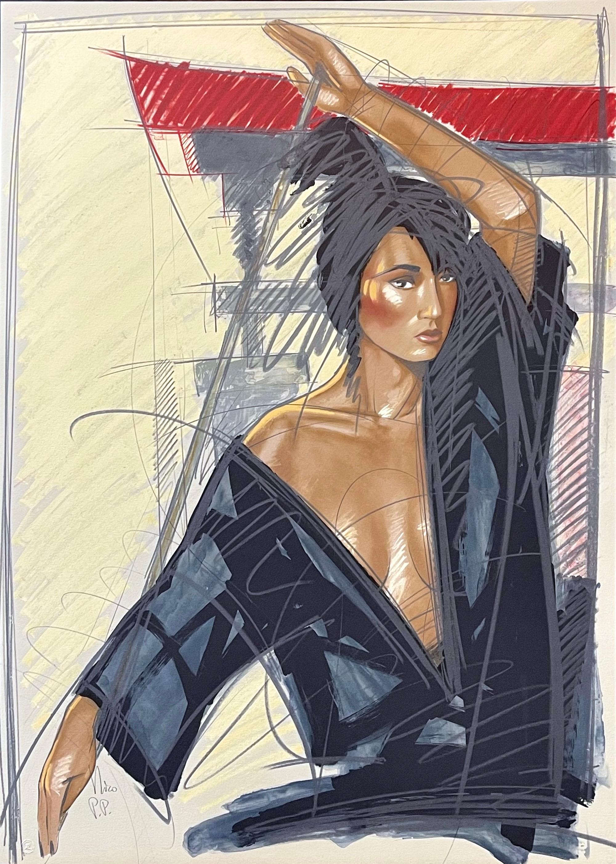 JAPANESE TEMPLE Signed Lithograph, Female Martial Arts Portrait Black Karate Gi