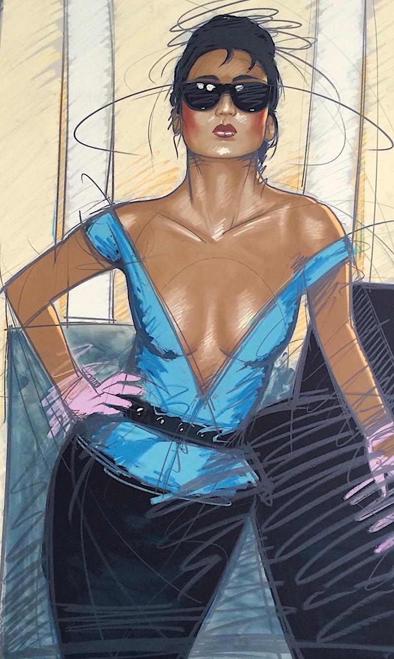 JEANE Litografía Firmada, Retrato de Moda, Mujer Exótica, Gafas de Sol Oscuras, Guantes en venta 3