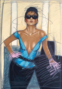 JEANE Litografía Firmada, Retrato de Moda, Mujer Exótica, Gafas de Sol Oscuras, Guantes