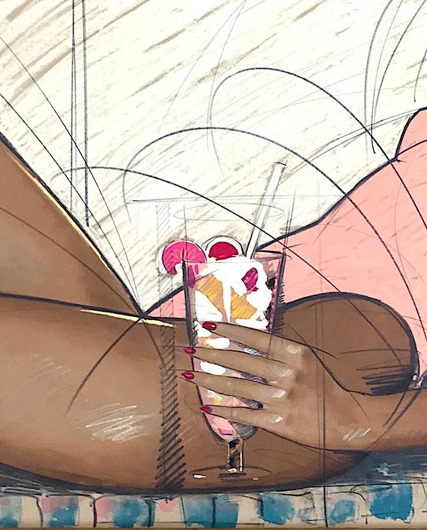 SUNBATHER Litografia firmata, Donna reclinata in costume da bagno color pesca, sedia a sdraio, drink - Print Contemporaneo di Nico Vrielink