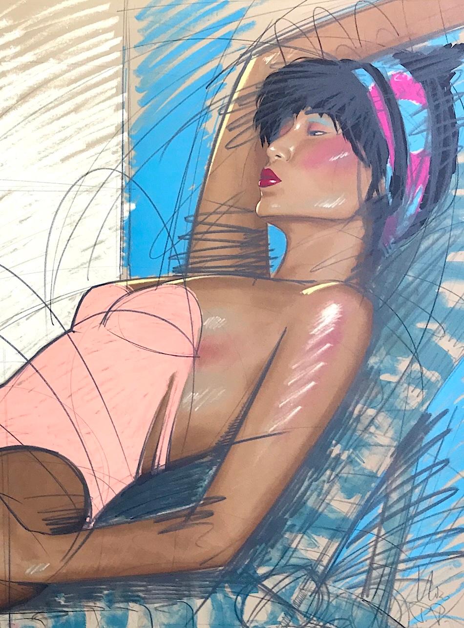 SUNBATHER Litografia firmata, Donna reclinata in costume da bagno color pesca, sedia a sdraio, drink - Figurative Print Beige di Nico Vrielink