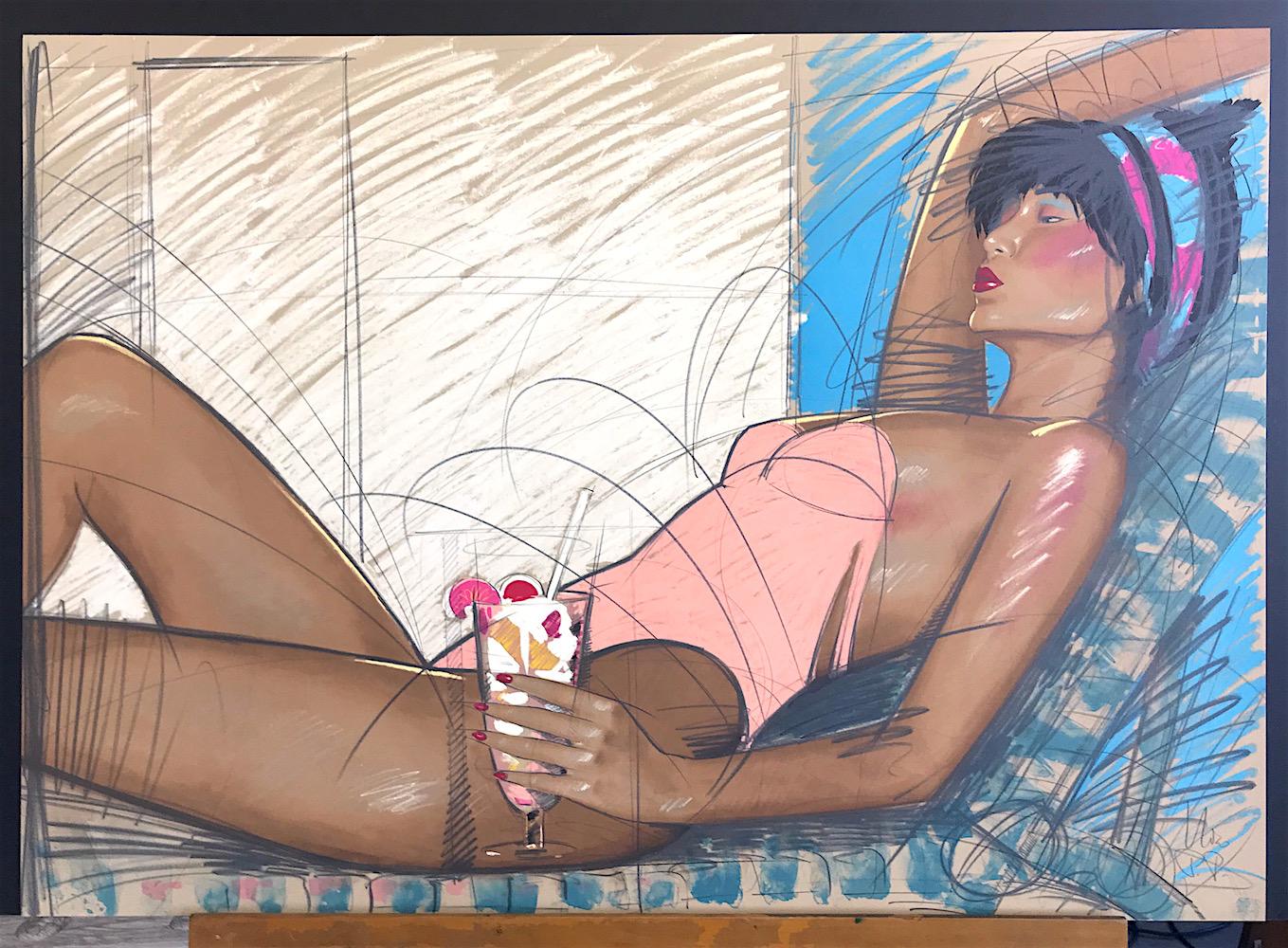 SUNBATHER Litografia firmata, Donna reclinata in costume da bagno color pesca, sedia a sdraio, drink in vendita 3