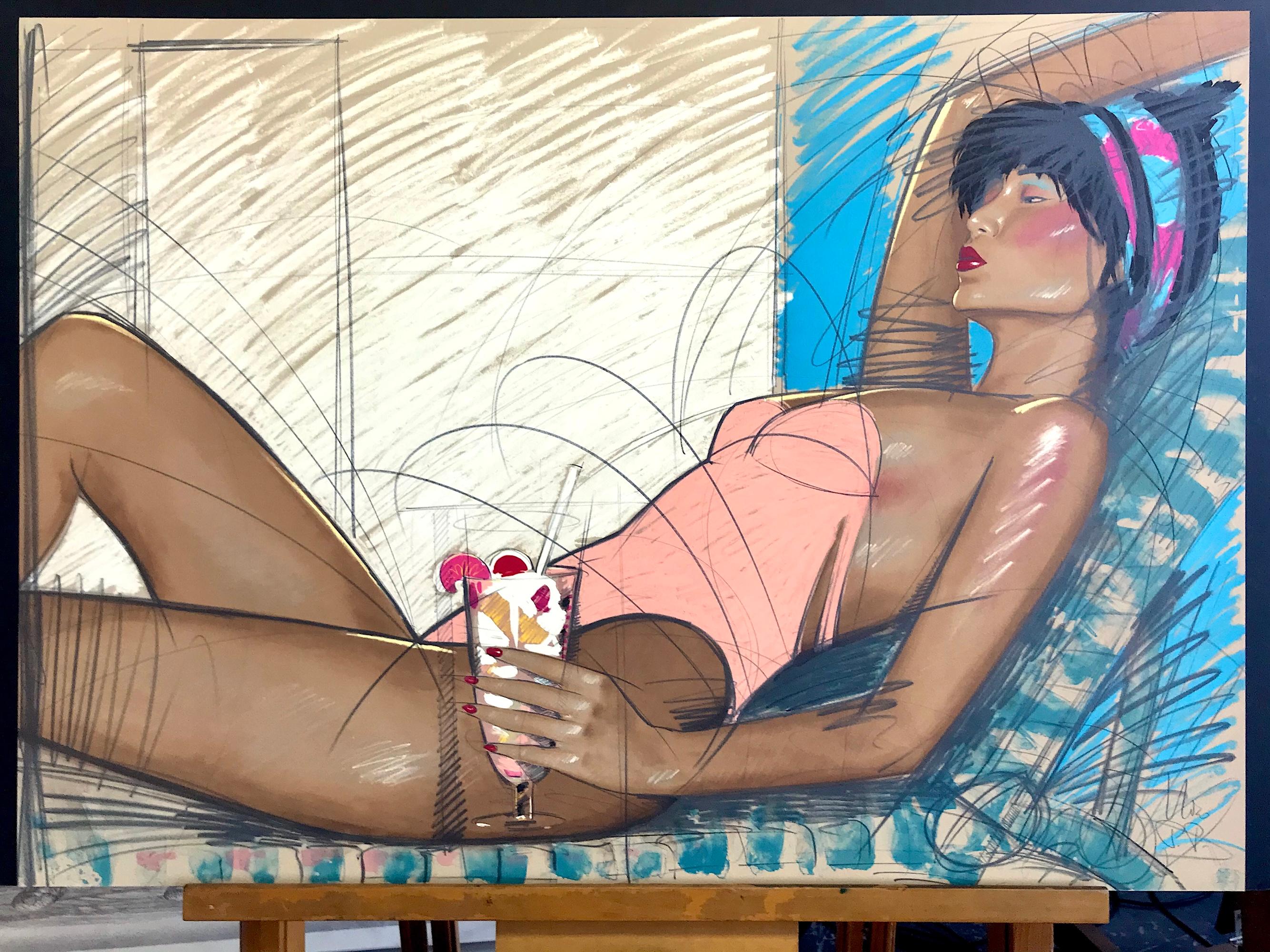 SUNBATHER Signierte Lithographie, Liegesessel, pfirsichfarbener Badeanzug, Loungesessel, Getränke im Angebot 3