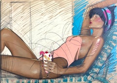 SUNBATHER Signed Lithograph, Reclining Woman Peach Swimsuit Lounge Chair Drink