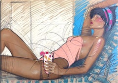 Vintage SUNBATHER Signed Lithograph, Reclining Woman Peach Swimsuit Lounge Chair Drink