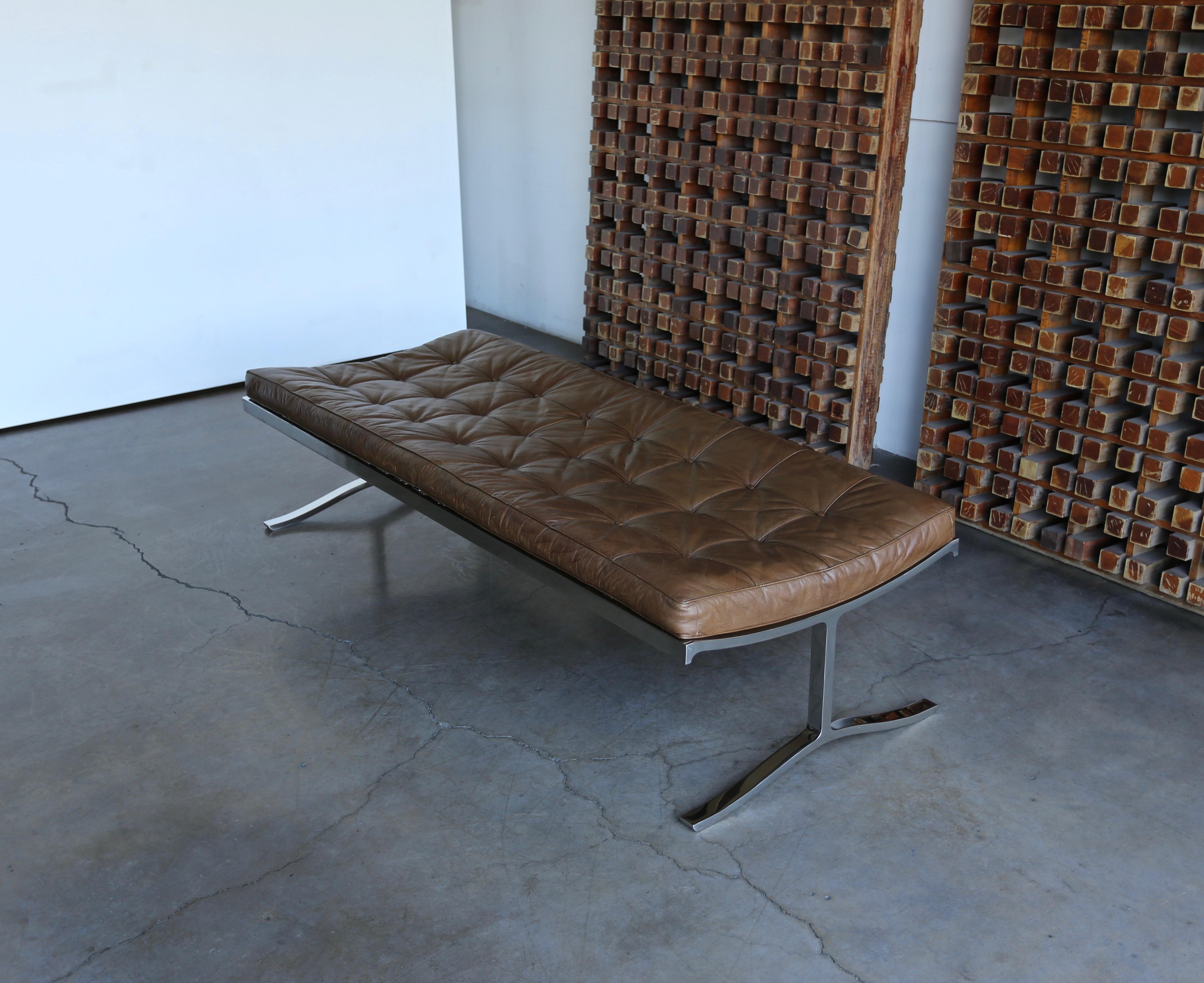 Nico Zographos Leather and Stainless Steel Bench, circa 1975 4