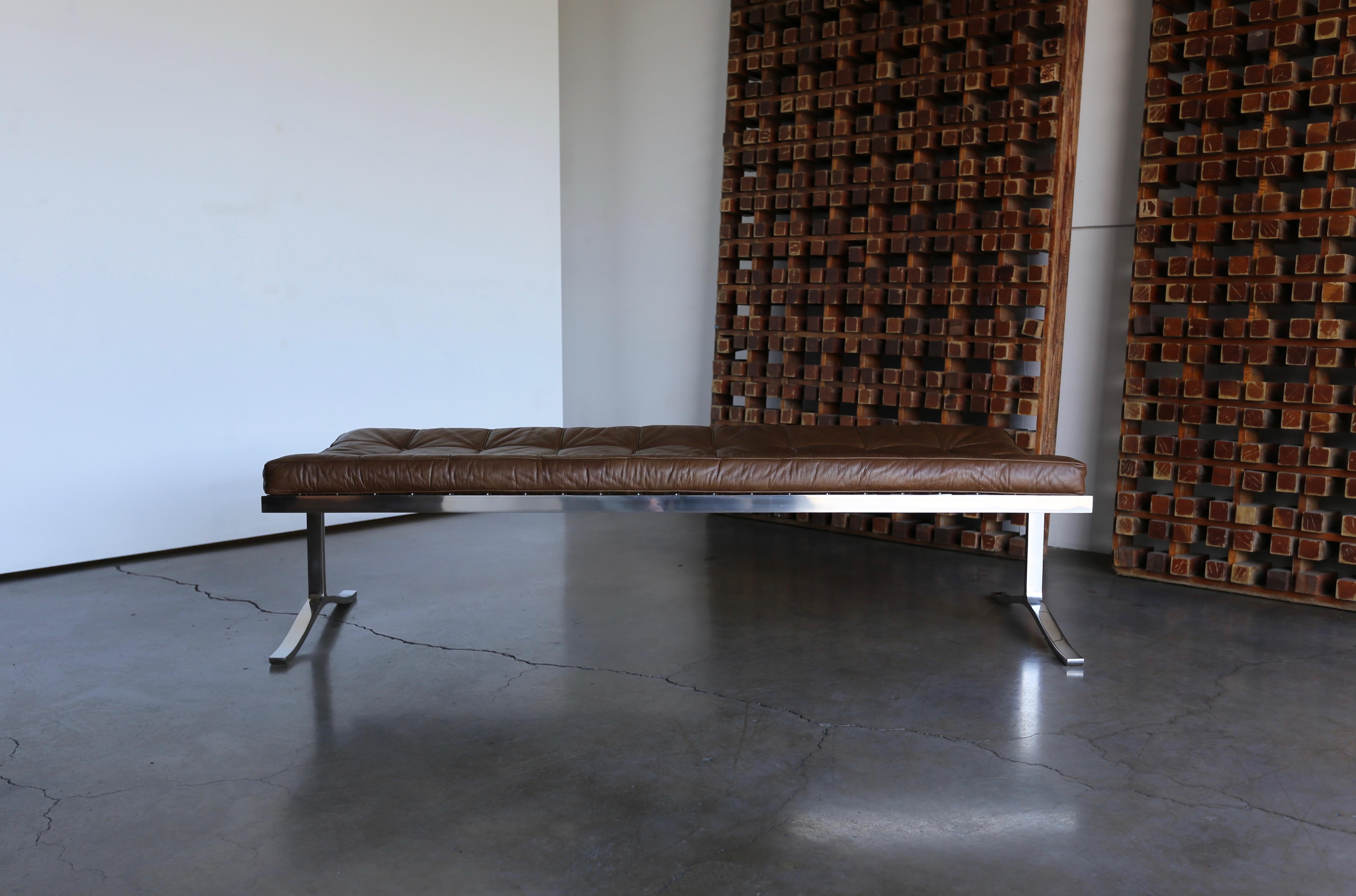 Mid-Century Modern Nico Zographos Leather and Stainless Steel Bench, circa 1975