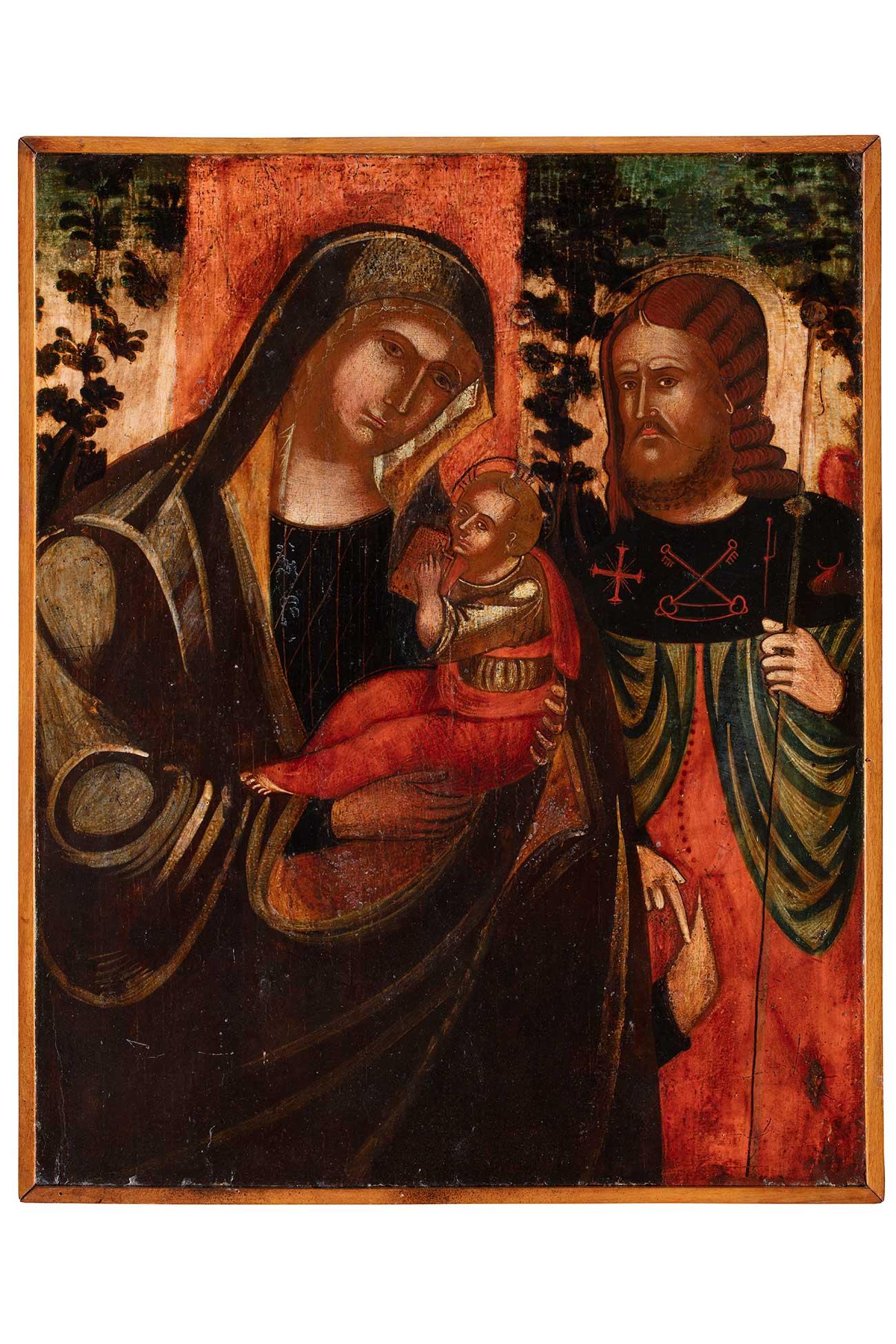 Huile sur toile du 15e siècle du cercle de Nicol Zafuri représentant une Madone avec un enfant
