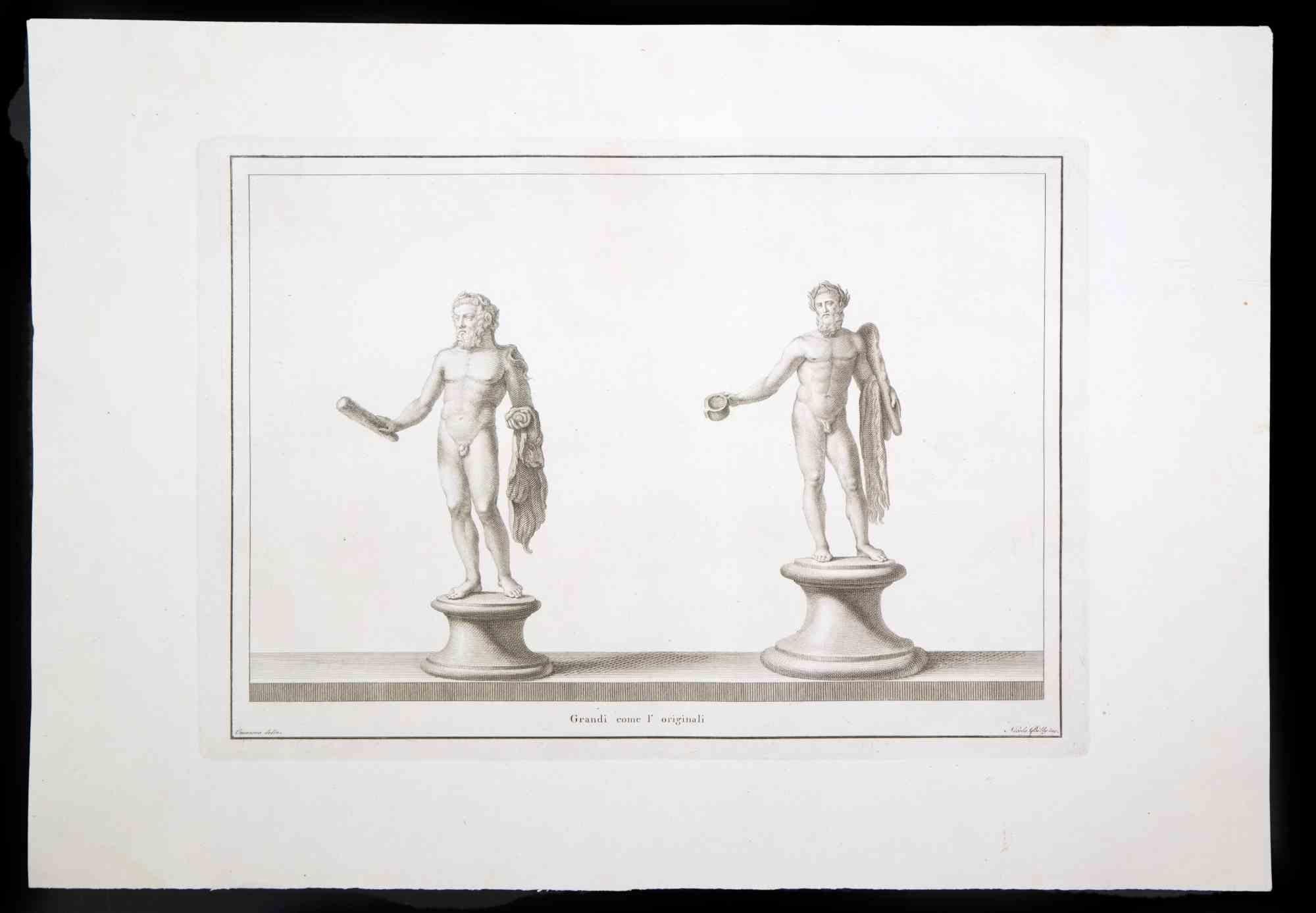 Ancient Roman Statue, from the series "Antiquities of Herculaneum", is an original etching on paper realized by Nicola Billi in the 18th century.

Signed on the plate, on the lower right.

Good conditions with slight folding.

The etching belongs to