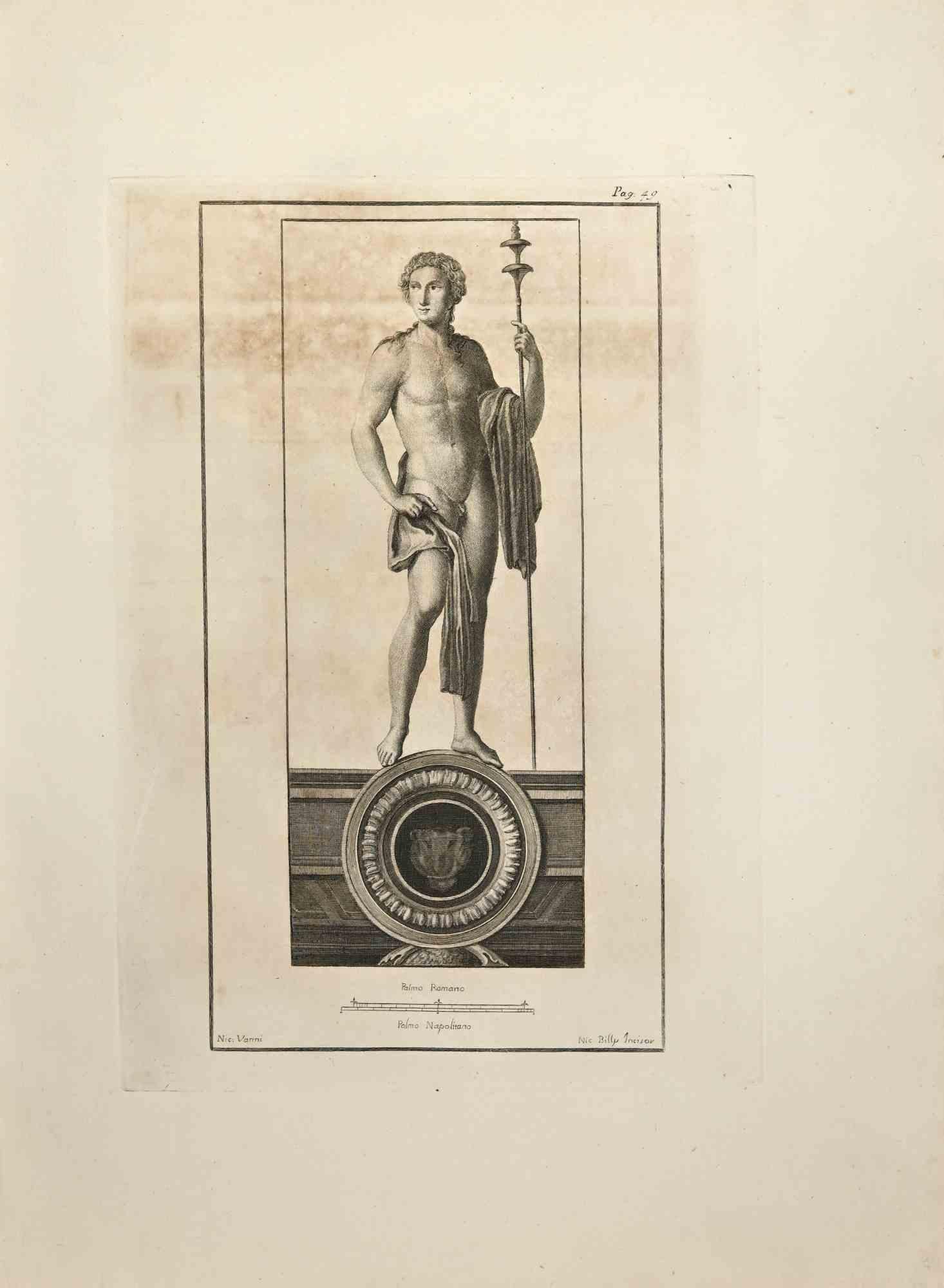 Ancient Roman Fresco from "Antiquities of Herculaneum" is an etching on paper realized by Nicola Billy in the 18th Century.

Signed on the plate.

Good conditions with some foxing and folding due to the time.

The etching belongs to the print suite