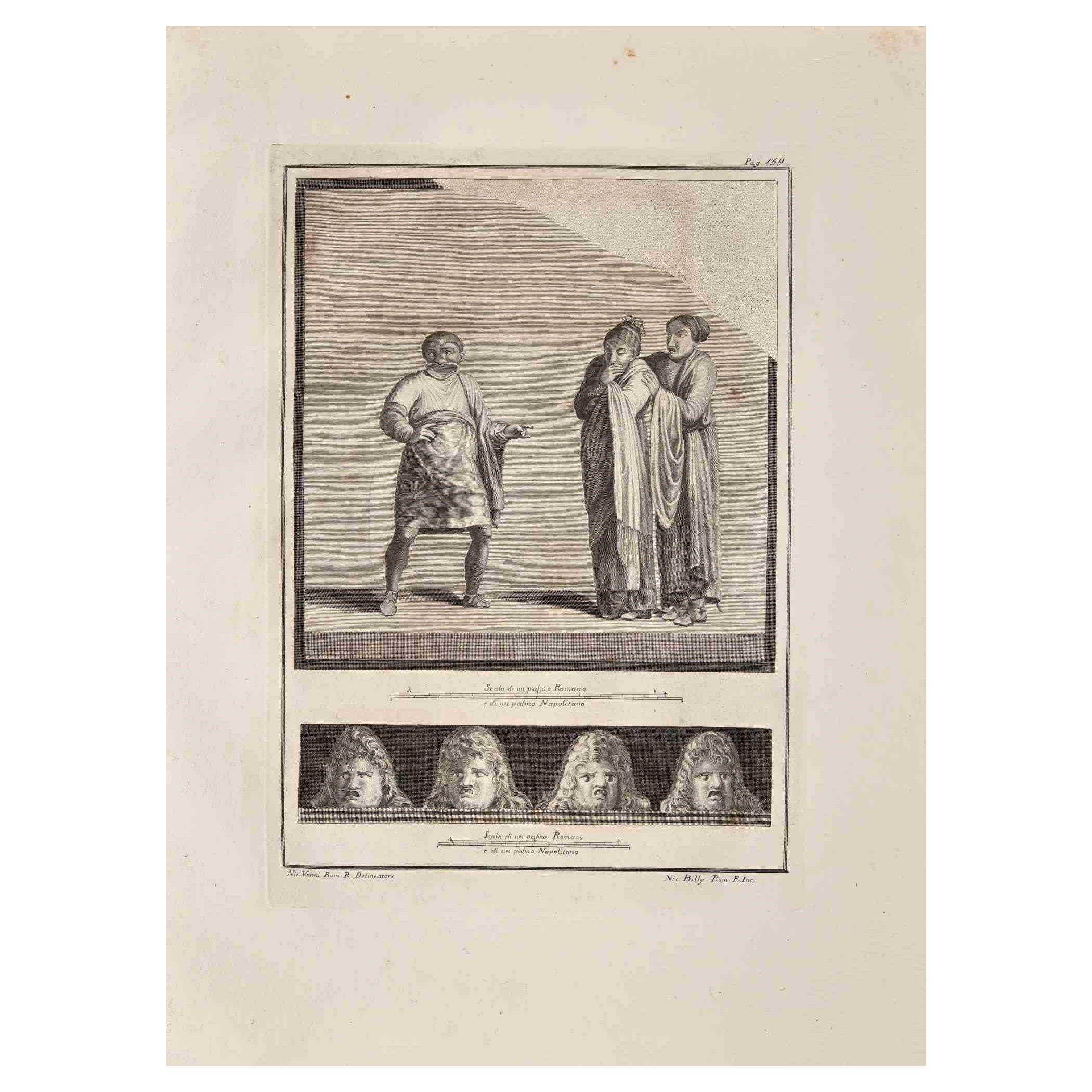 Figurative Print Nicola Billy - Ancienne gravure romaine Fresco Herculaneum - N.Billy  XVIIIe siècle